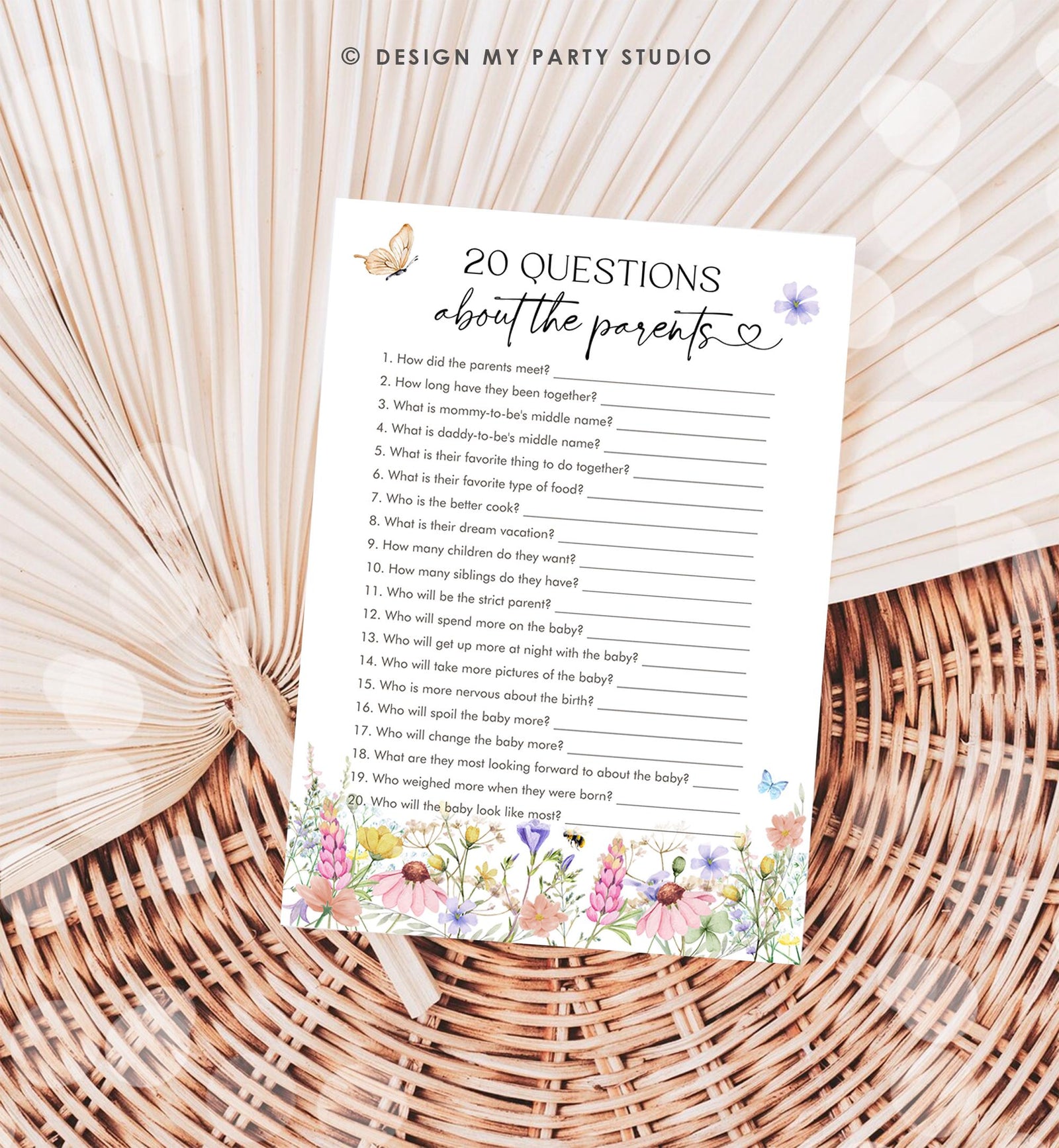Editable Questions About the Parents Game Card Wildflowers Baby Shower Game in Bloom Wild Flower Butterflies Digital Template Printable 0543