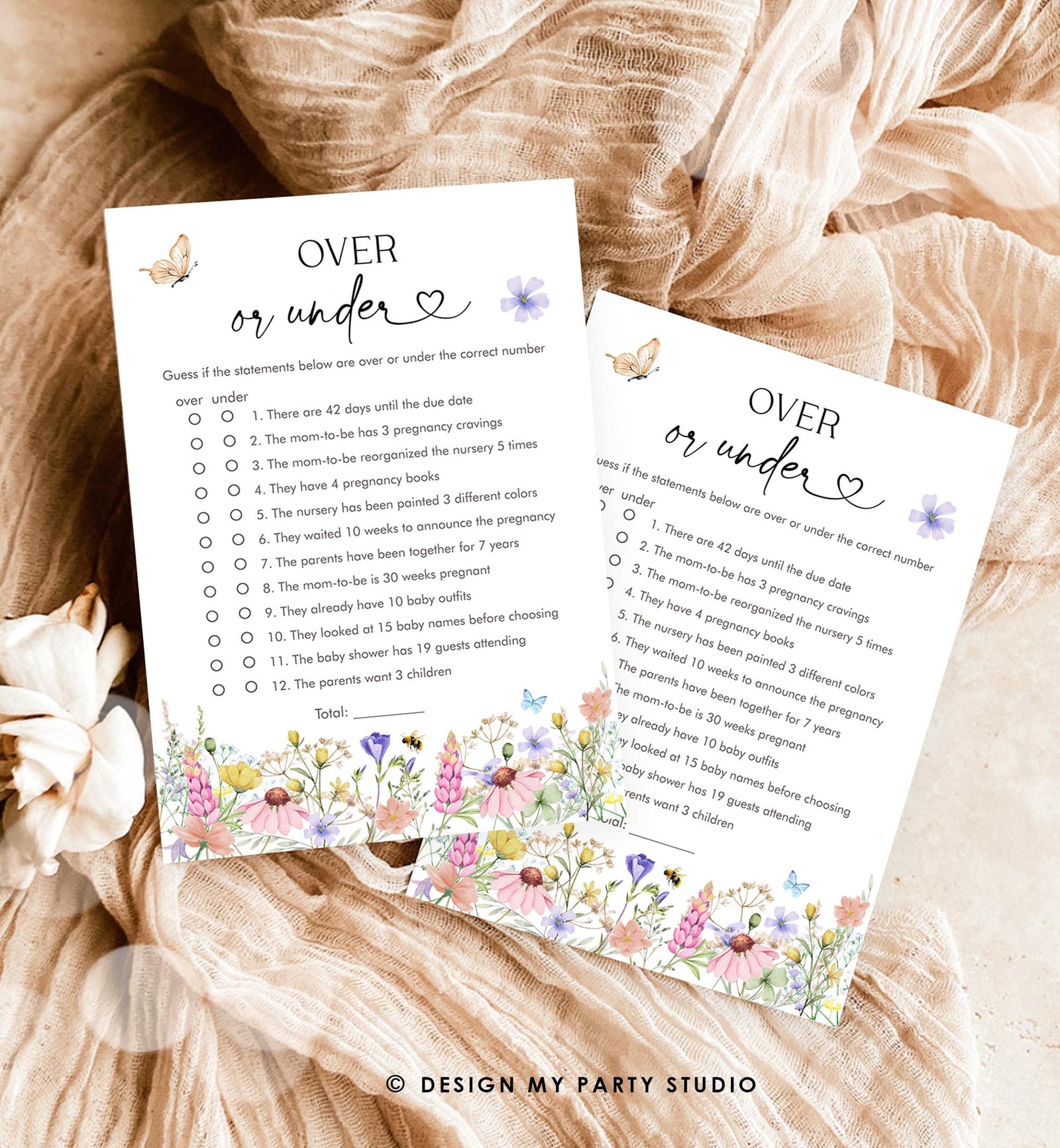Editable Over or Under Game Card Wildflowers Baby Shower Game in Bloom Wild Flower Butterflies Digital Template Printable 0543