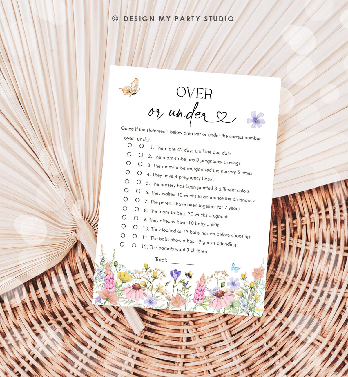 Editable Over or Under Game Card Wildflowers Baby Shower Game in Bloom Wild Flower Butterflies Digital Template Printable 0543