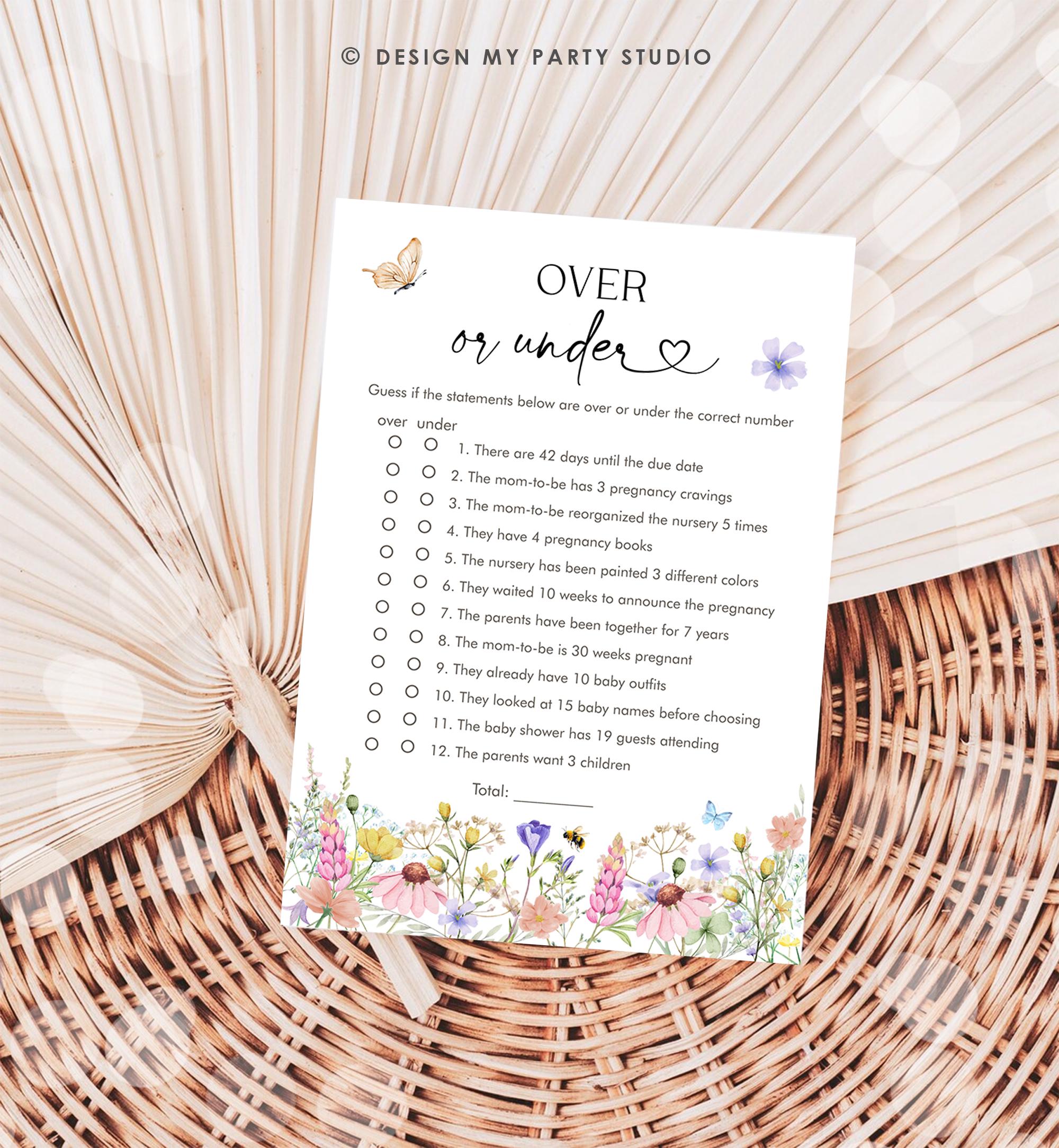 Editable Over or Under Game Card Wildflowers Baby Shower Game in Bloom Wild Flower Butterflies Digital Template Printable 0543