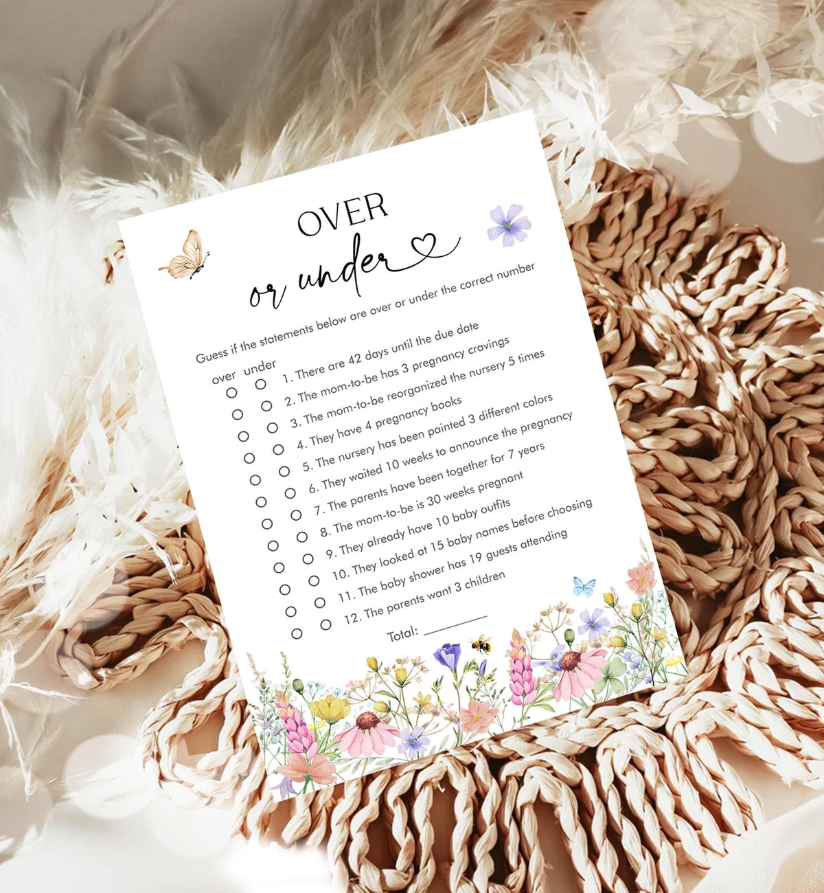 Editable Over or Under Game Card Wildflowers Baby Shower Game in Bloom Wild Flower Butterflies Digital Template Printable 0543