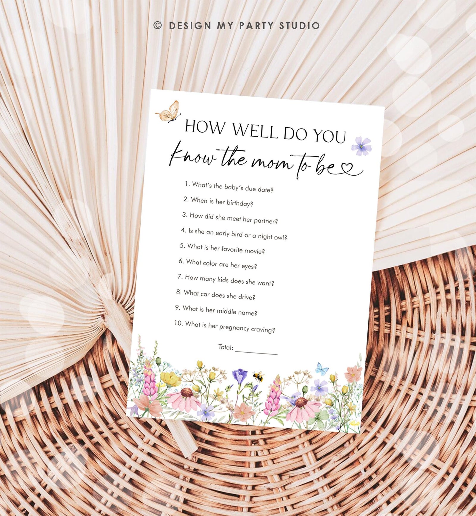Editable How Well Do You Know The Mom The Be Game Card Wildflowers Baby Shower Game in Bloom Butterflies Digital Template Printable 0543