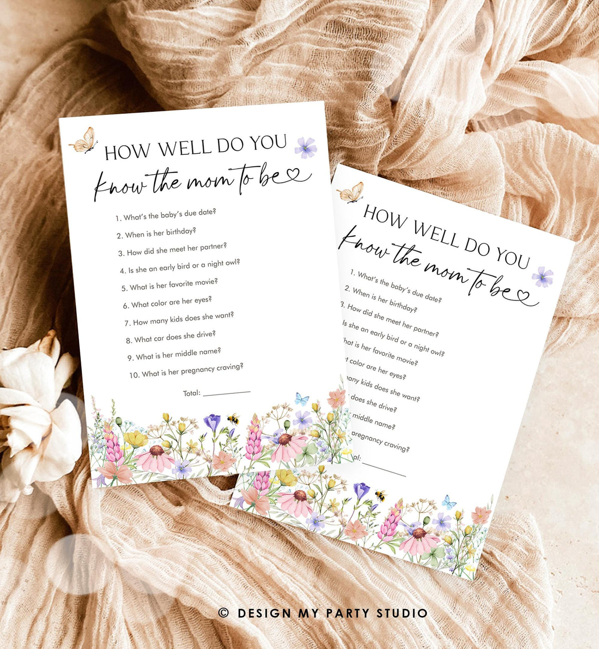 Editable How Well Do You Know The Mom The Be Game Card Wildflowers Baby Shower Game in Bloom Butterflies Digital Template Printable 0543