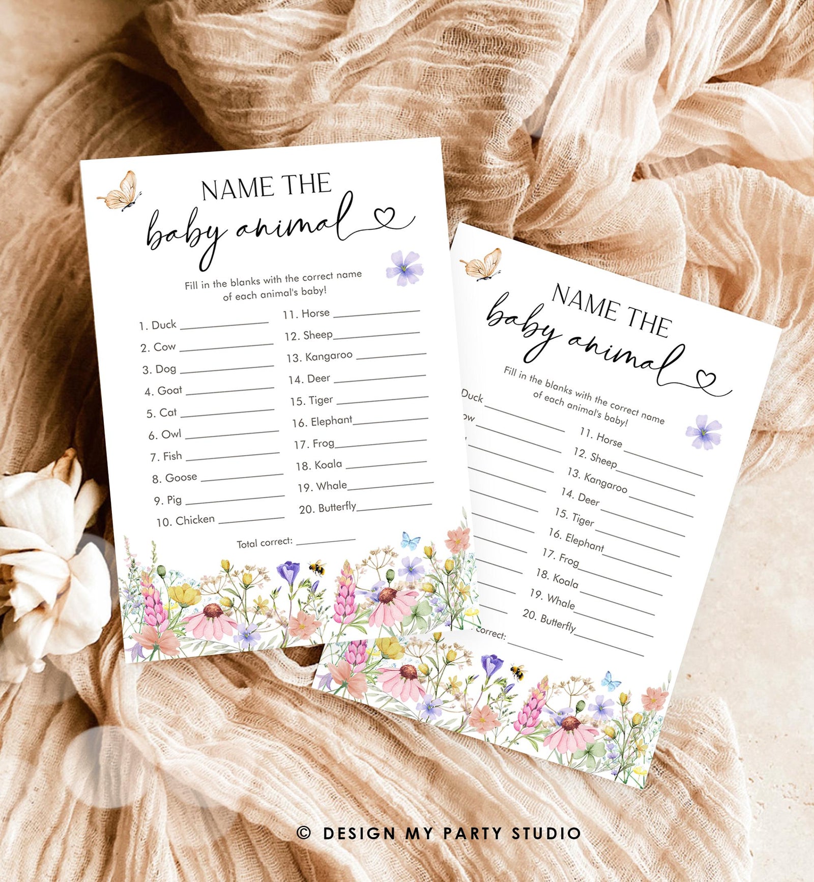 Editable Name The Baby Animal Game Card Wildflowers Baby Shower Baby Animal Names Matching Butterflies Digital Template Printable 0543