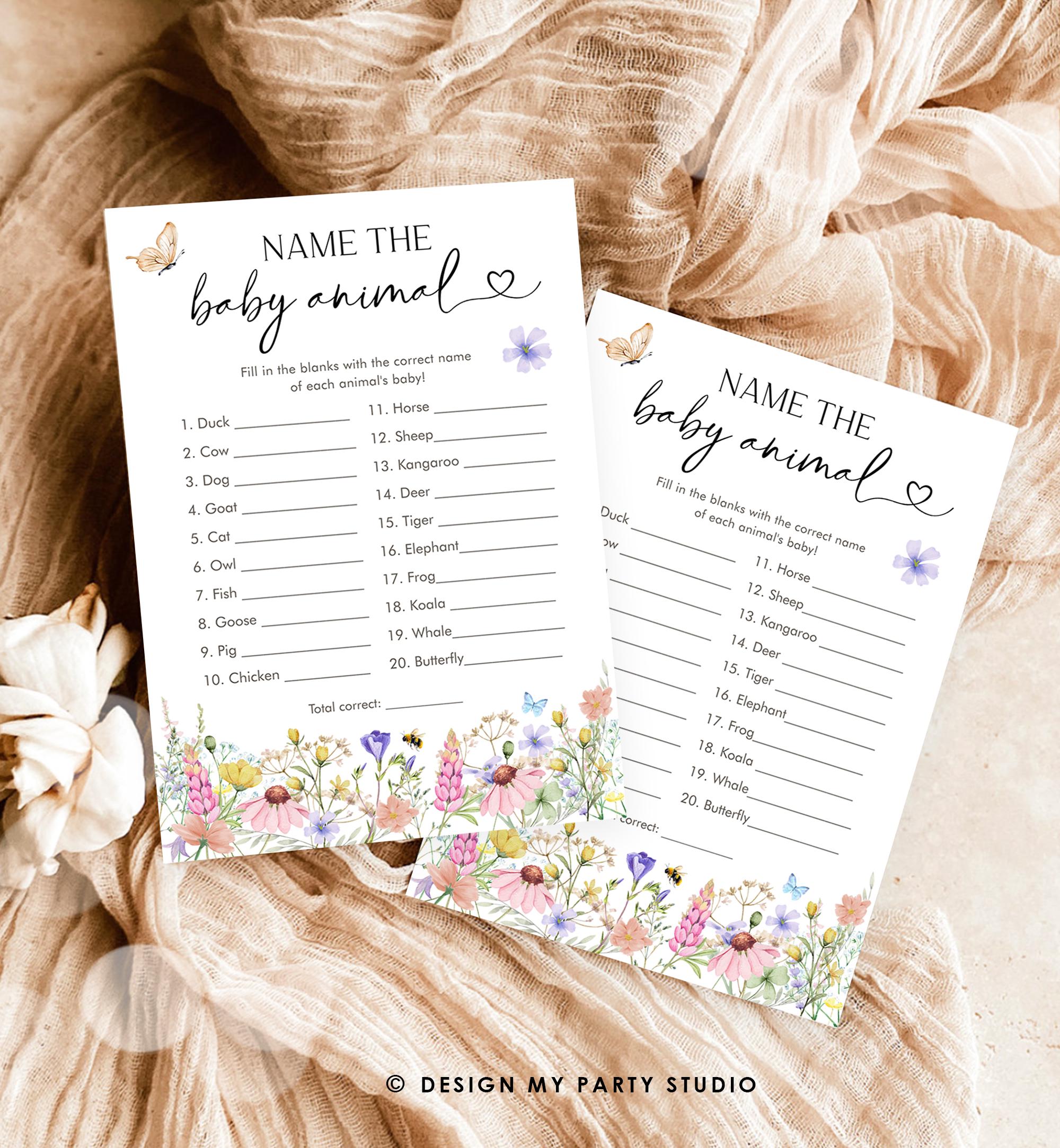 Editable Name The Baby Animal Game Card Wildflowers Baby Shower Baby Animal Names Matching Butterflies Digital Template Printable 0543