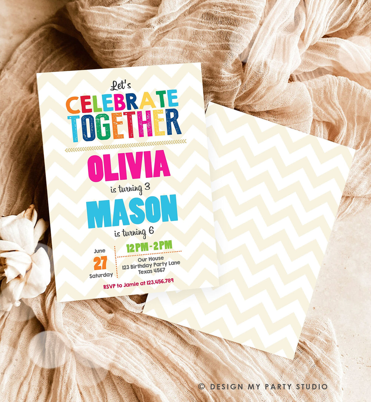 May include: A birthday party invitation with a chevron pattern background. The invitation is for Olivia and Mason, who are turning 3 and 6. The invitation is in rainbow colors and has the text &amp;#39;Let&amp;#39;s Celebrate Together&amp;#39; at the top. The invitation includes the date, time, and location of the party. The text on the invitation reads &amp;#39;RSVP to Jamie at 123.456.789&amp;#39;.