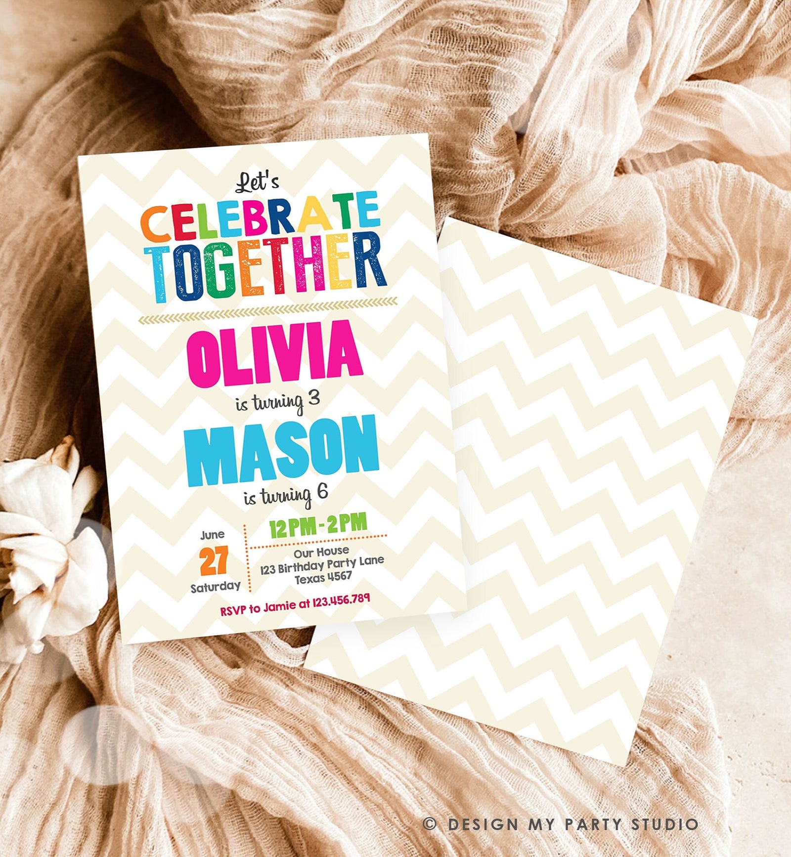 May include: A birthday party invitation with a chevron pattern background. The invitation is for Olivia and Mason, who are turning 3 and 6. The invitation is in rainbow colors and has the text &#39;Let&#39;s Celebrate Together&#39; at the top. The invitation includes the date, time, and location of the party. The text on the invitation reads &#39;RSVP to Jamie at 123.456.789&#39;.
