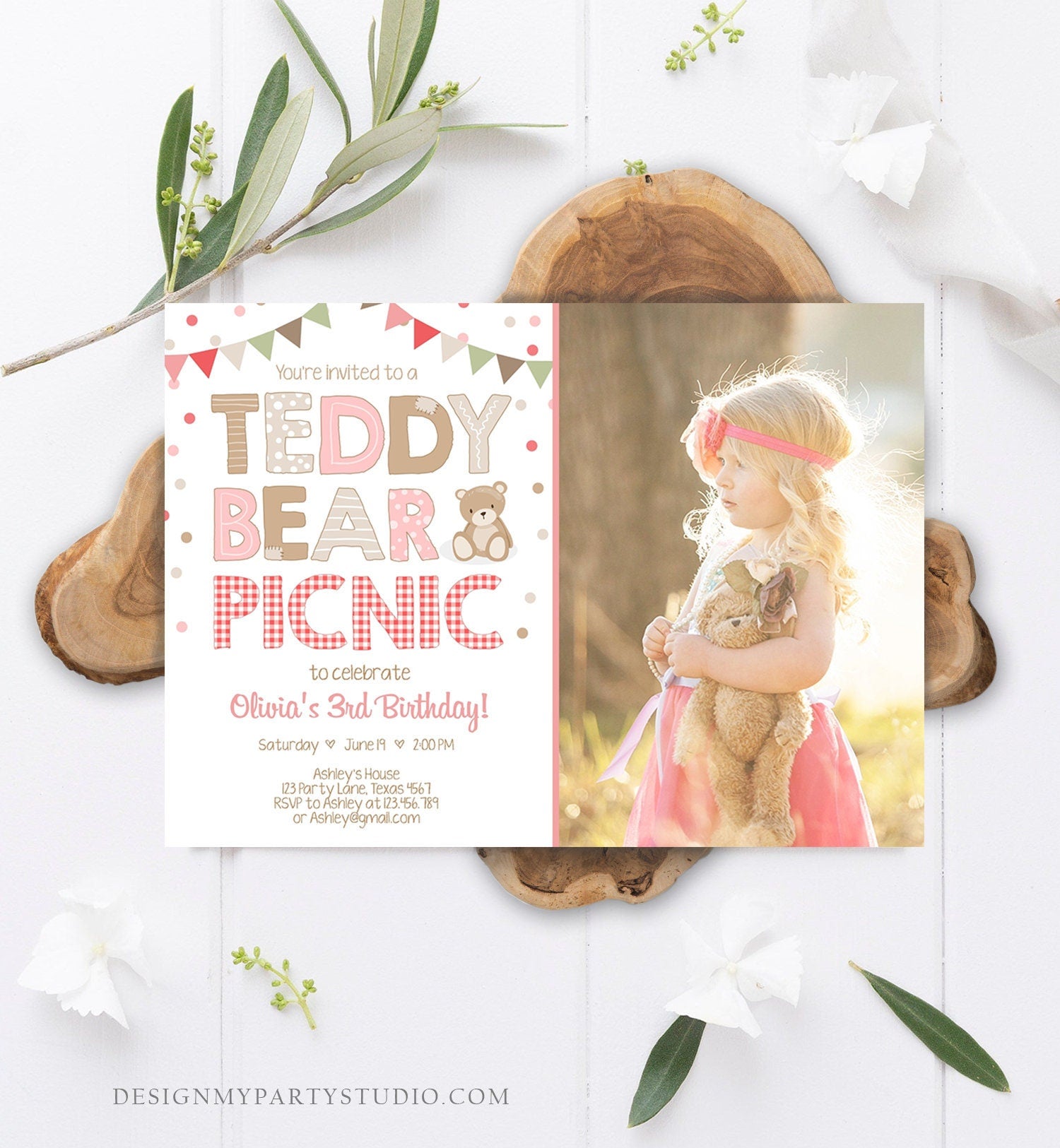 May include: A pink and brown teddy bear picnic birthday invitation with a photo of a young girl holding a teddy bear. The invitation says &#39;You&#39;re invited to a Teddy Bear Picnic: to celebrate Olivia&#39;s 3rd Birthday!&#39; with the date, time, and location information below.