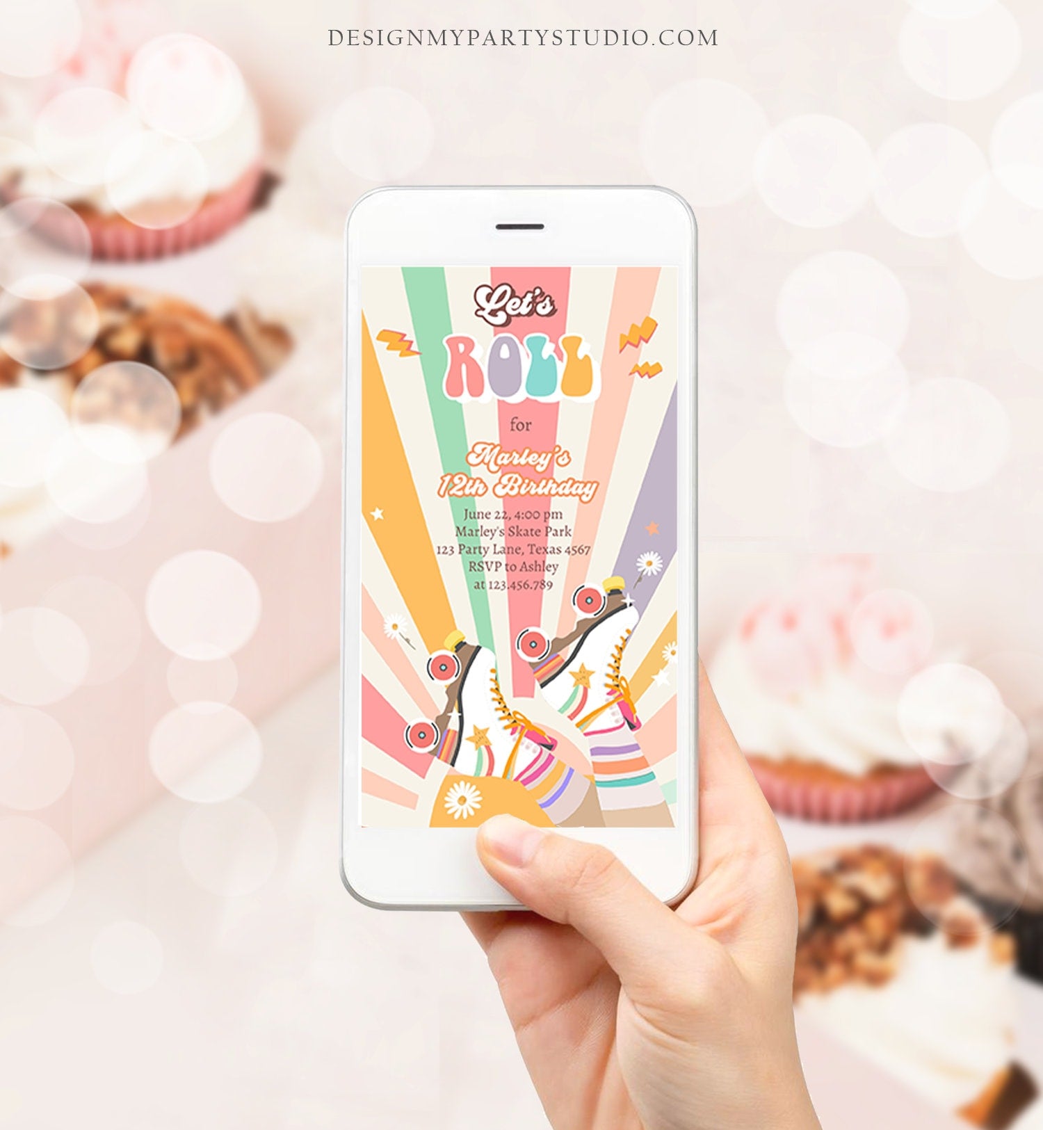 May include: A mobile phone displaying a birthday invitation with a retro roller skate theme. The invitation is on a yellow background with rainbow stripes and has the text &#39;Let&#39;s Roll for Marley&#39;s 12th Birthday&#39; with a date, time, location, and RSVP information.