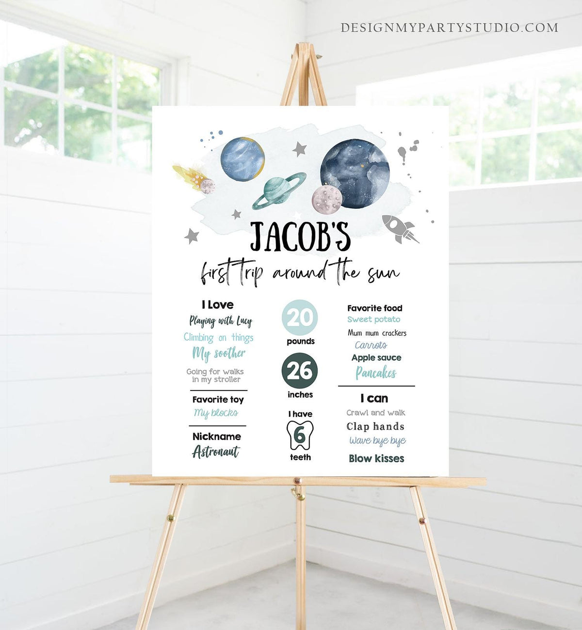 Editable Outer Space Birthday Milestones Sign First Trip Around the Sun Boy 1st Birthday Silver Galaxy Planets Template Printable Corjl 0357