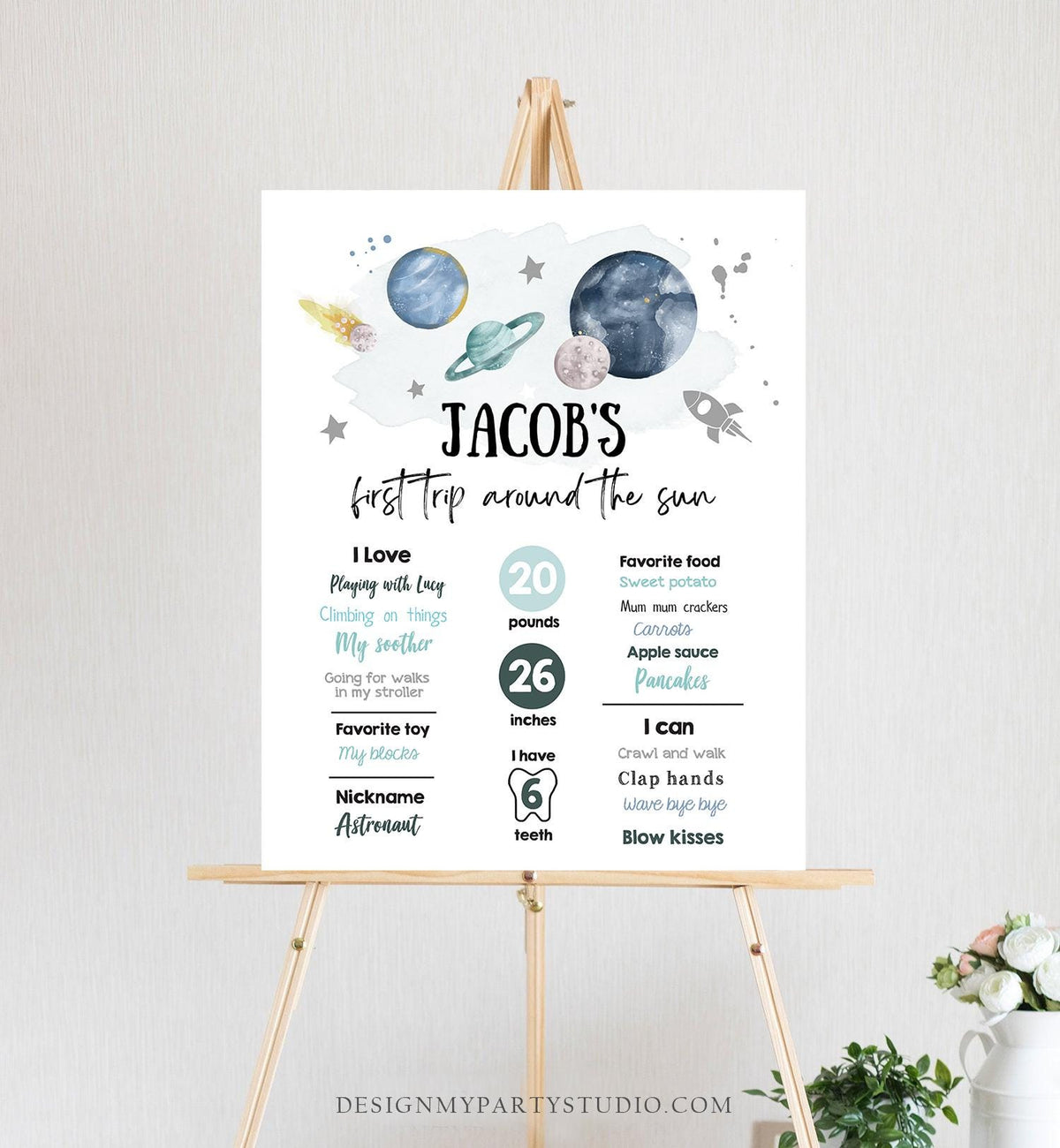 Editable Outer Space Birthday Milestones Sign First Trip Around the Sun Boy 1st Birthday Silver Galaxy Planets Template Printable Corjl 0357