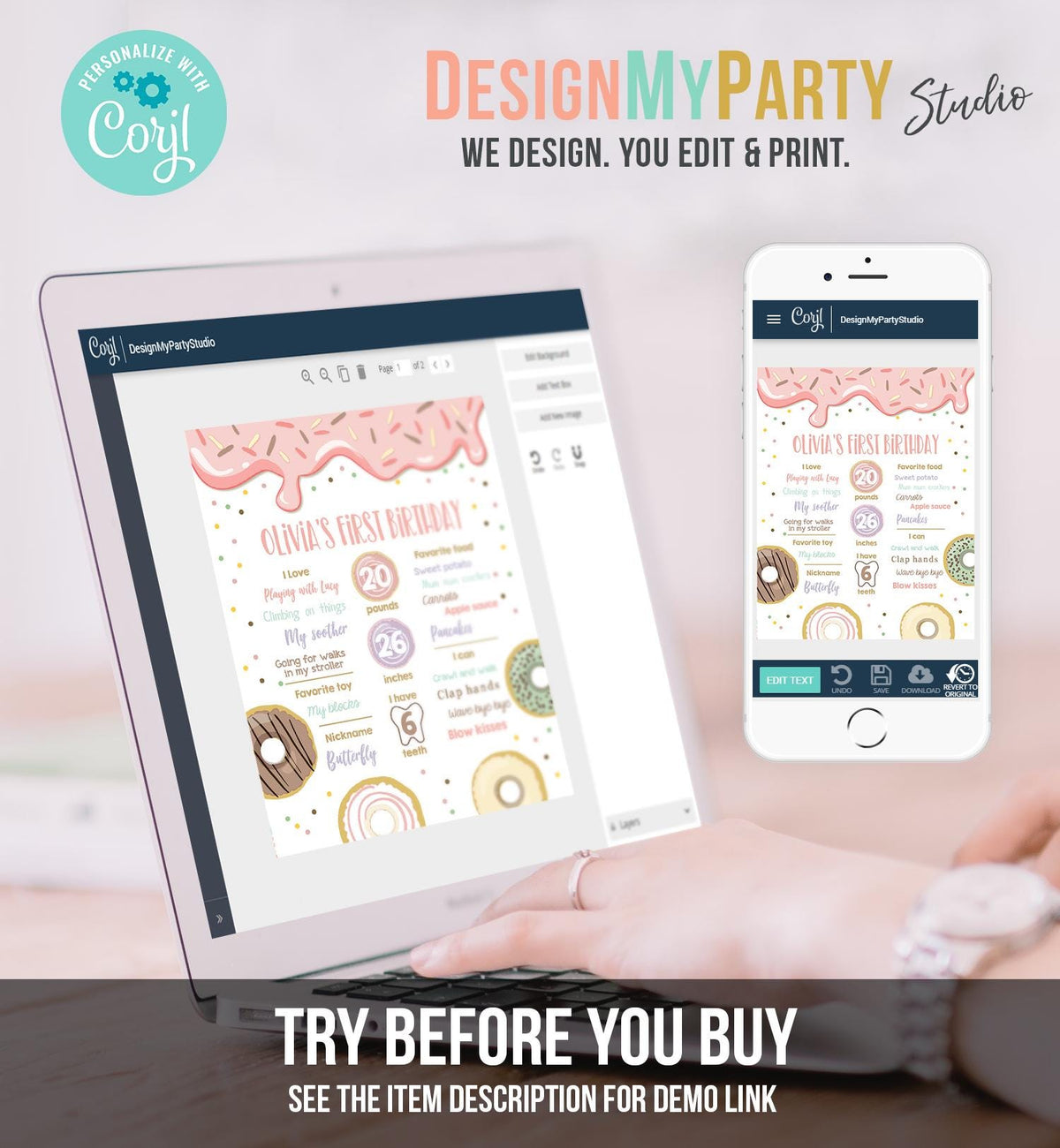 Editable Donut Birthday Milestones Sign Doughnut Chalkboard Sweet Birthday First Birthday 1st Pastel Download Corjl Template Printable 0320