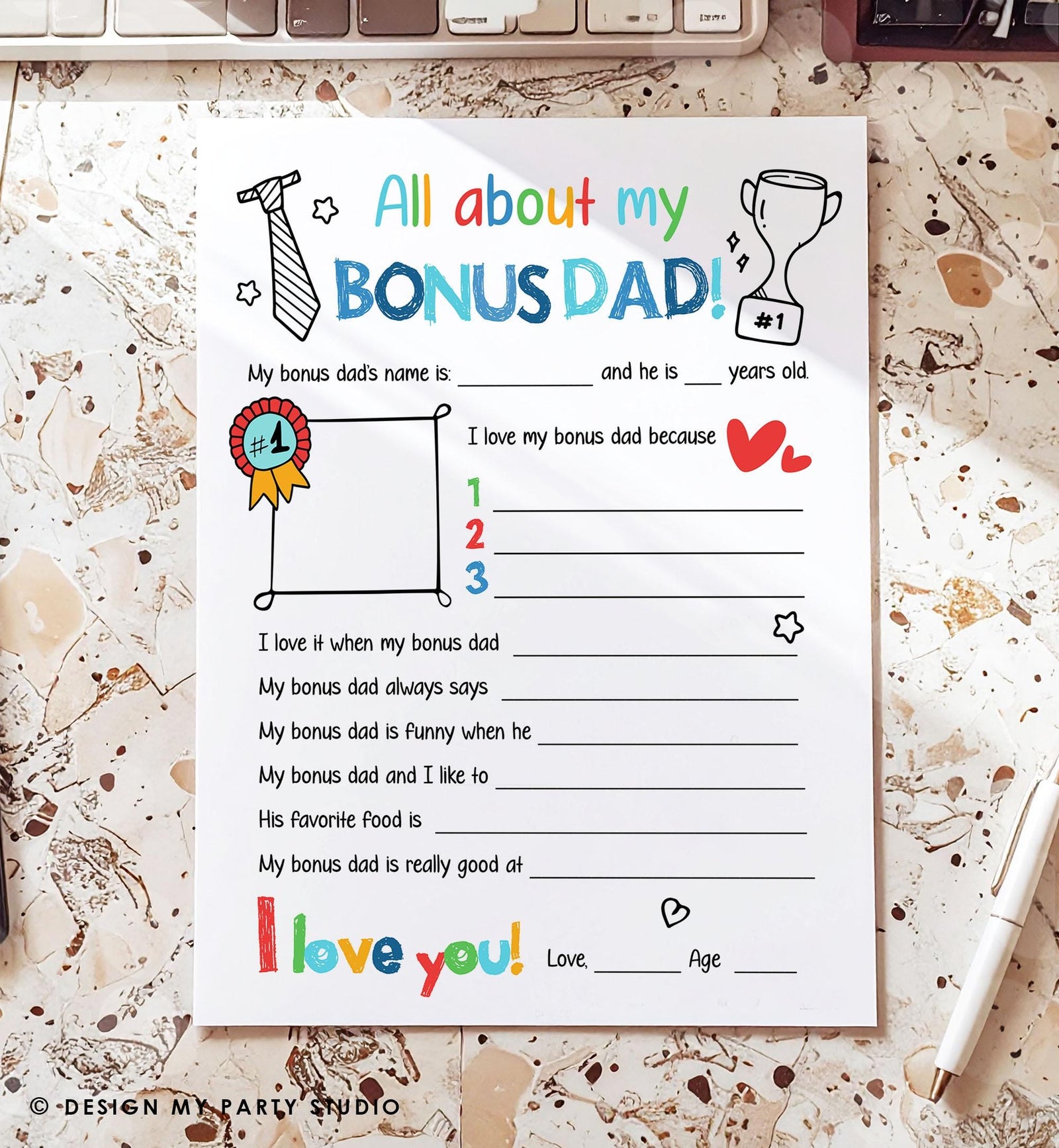 All About My Bonus Dad Fathers Day Gift Father's Day Craft Card for Bonus Dad Father's Day Fill In Instant Download Digital Printable 0548