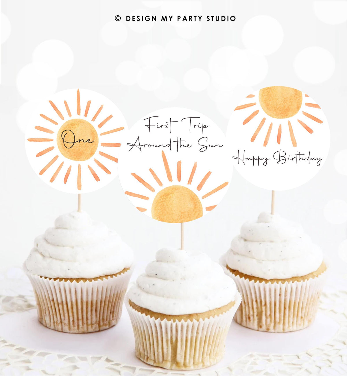 Sun Birthday Cupcake Toppers First Trip Around the Sun Favor Tags Sunshine Party Little Sunshine Decor 1st Download Digital Printable 0431