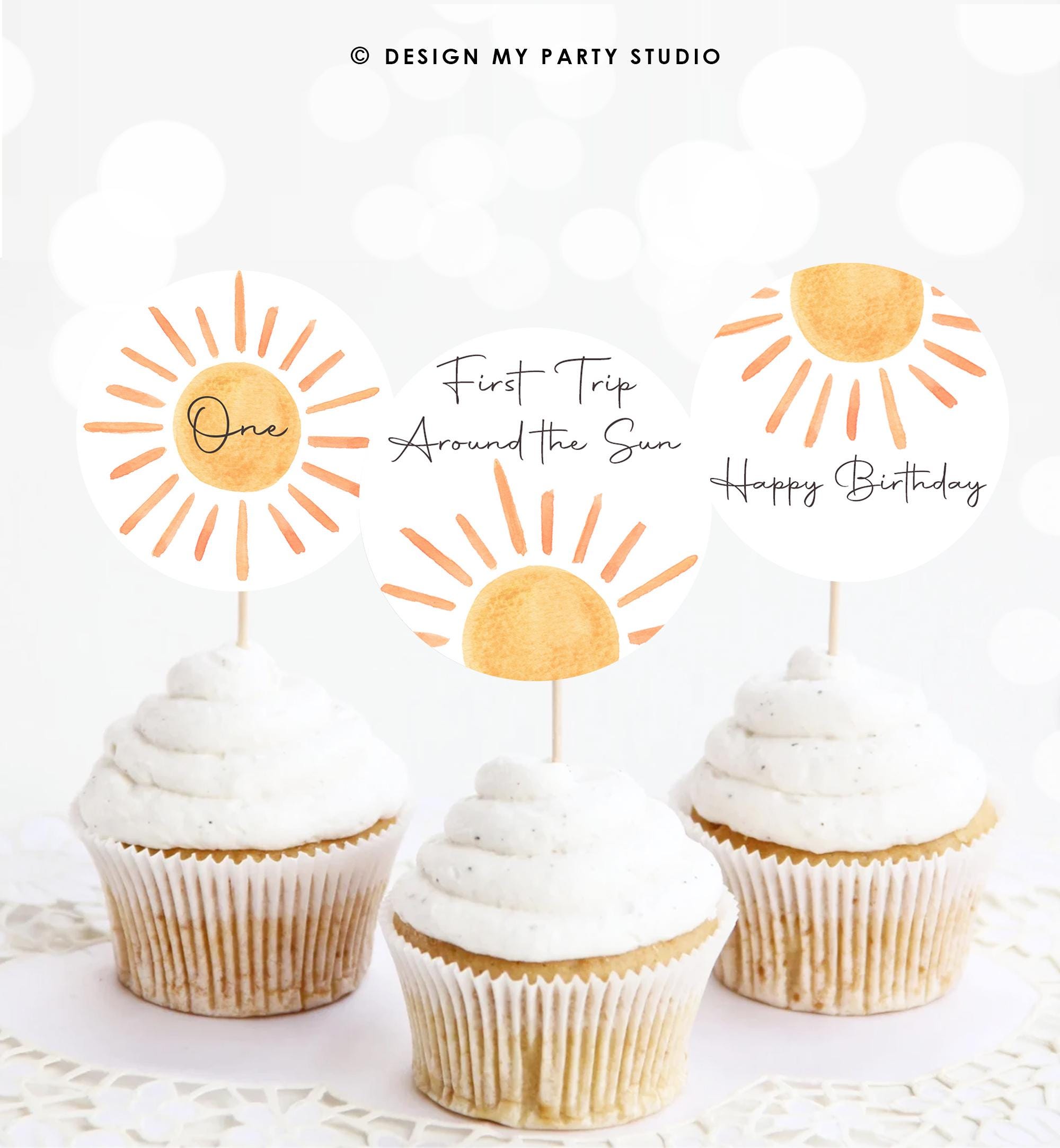 Sun Birthday Cupcake Toppers First Trip Around the Sun Favor Tags Sunshine Party Little Sunshine Decor 1st Download Digital Printable 0431