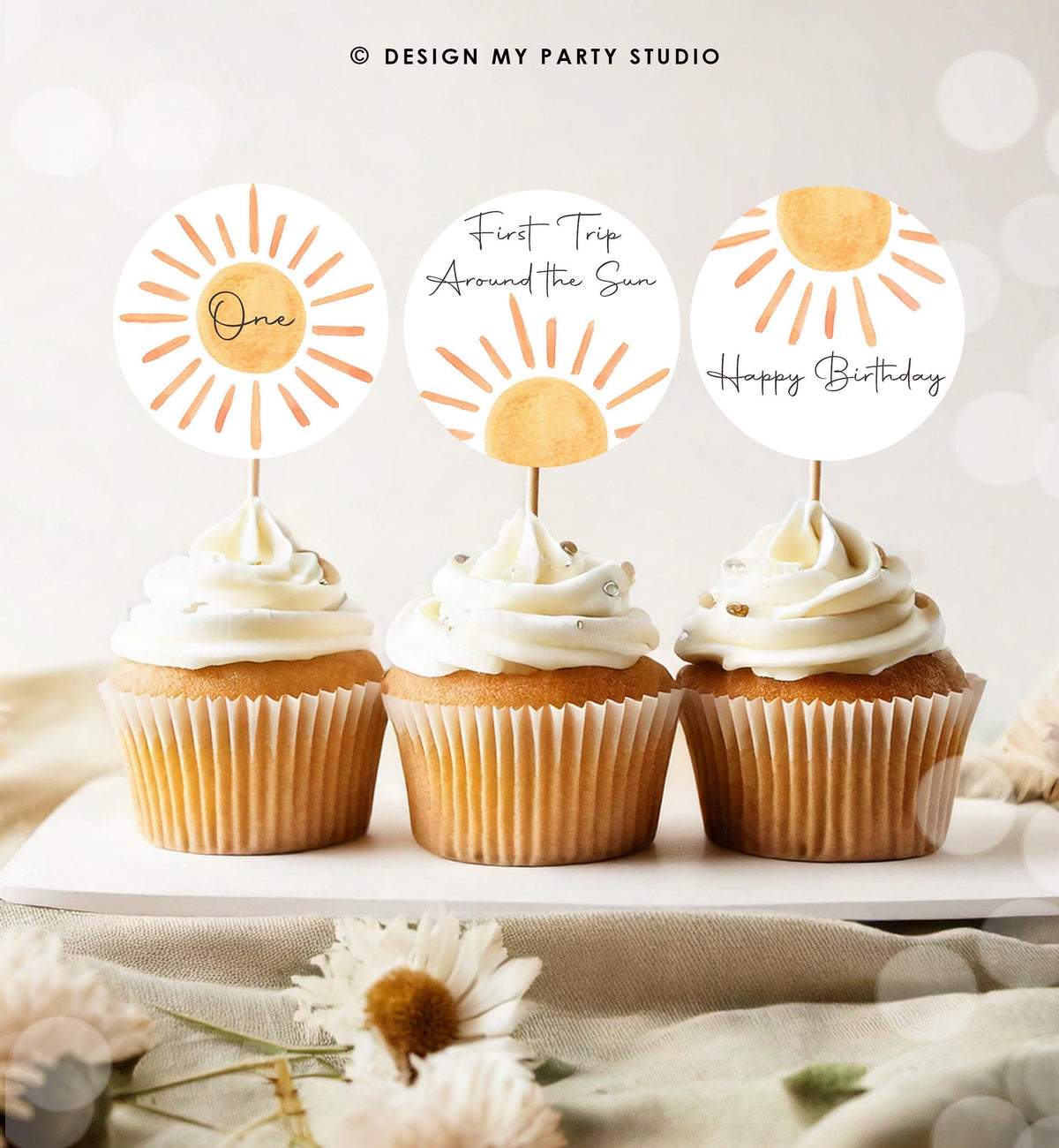 Sun Birthday Cupcake Toppers First Trip Around the Sun Favor Tags Sunshine Party Little Sunshine Decor 1st Download Digital Printable 0431