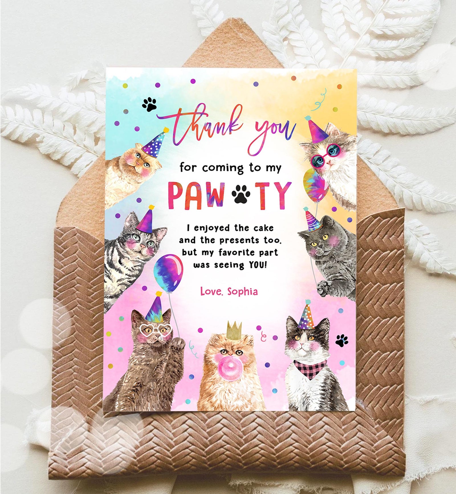 Editable Cats Birthday Thank You Card Kitten Birthday Thank You Note Pawty Party Animals Pet Digital Download Template Printable 0460