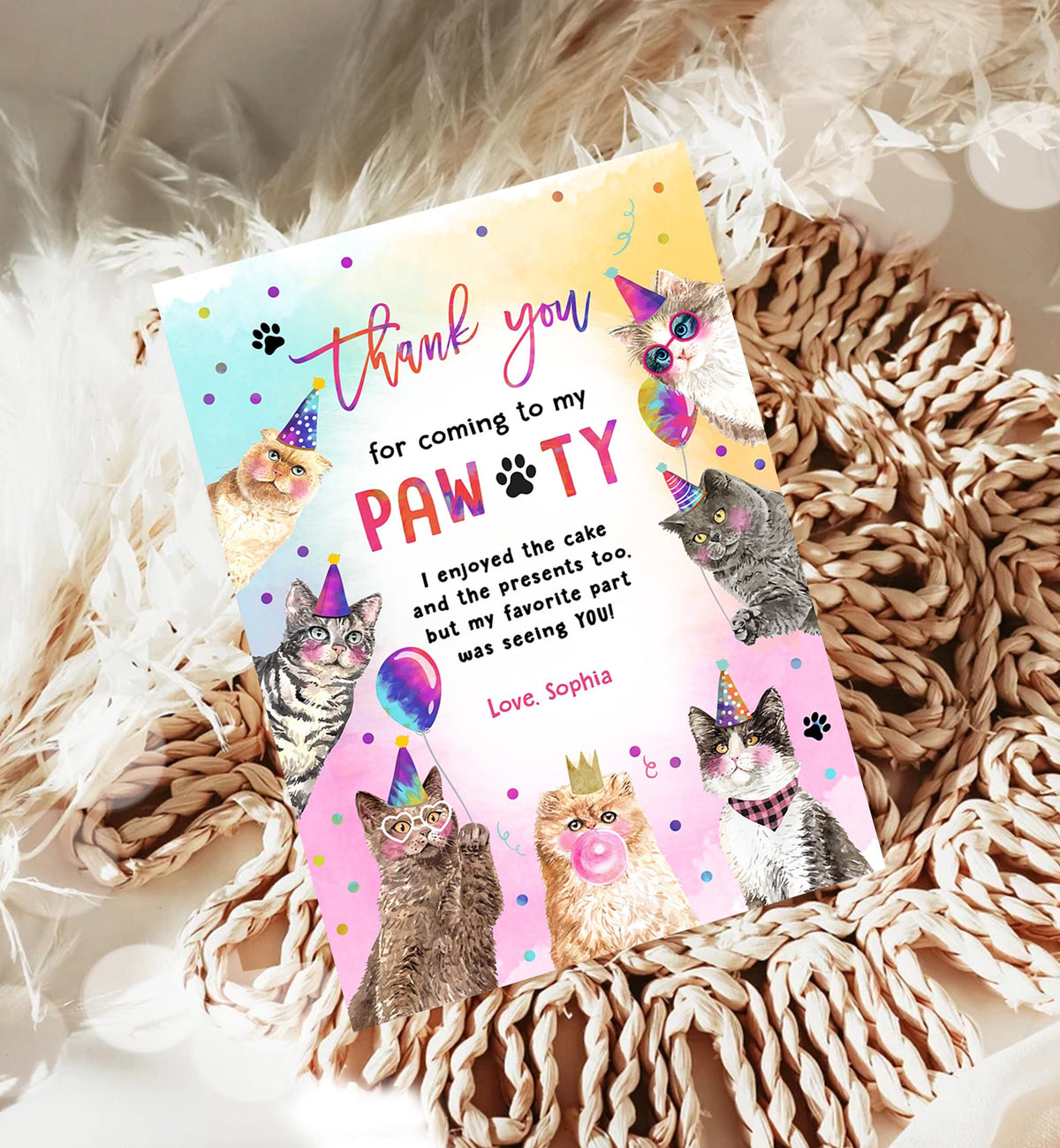 Editable Cats Birthday Thank You Card Kitten Birthday Thank You Note Pawty Party Animals Pet Digital Download Template Printable 0460