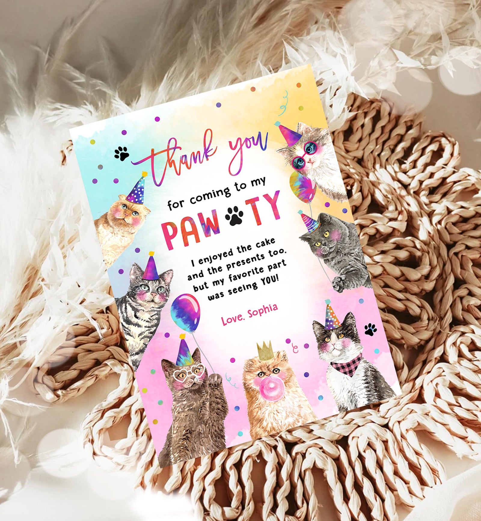 Editable Cats Birthday Thank You Card Kitten Birthday Thank You Note Pawty Party Animals Pet Digital Download Template Printable 0460