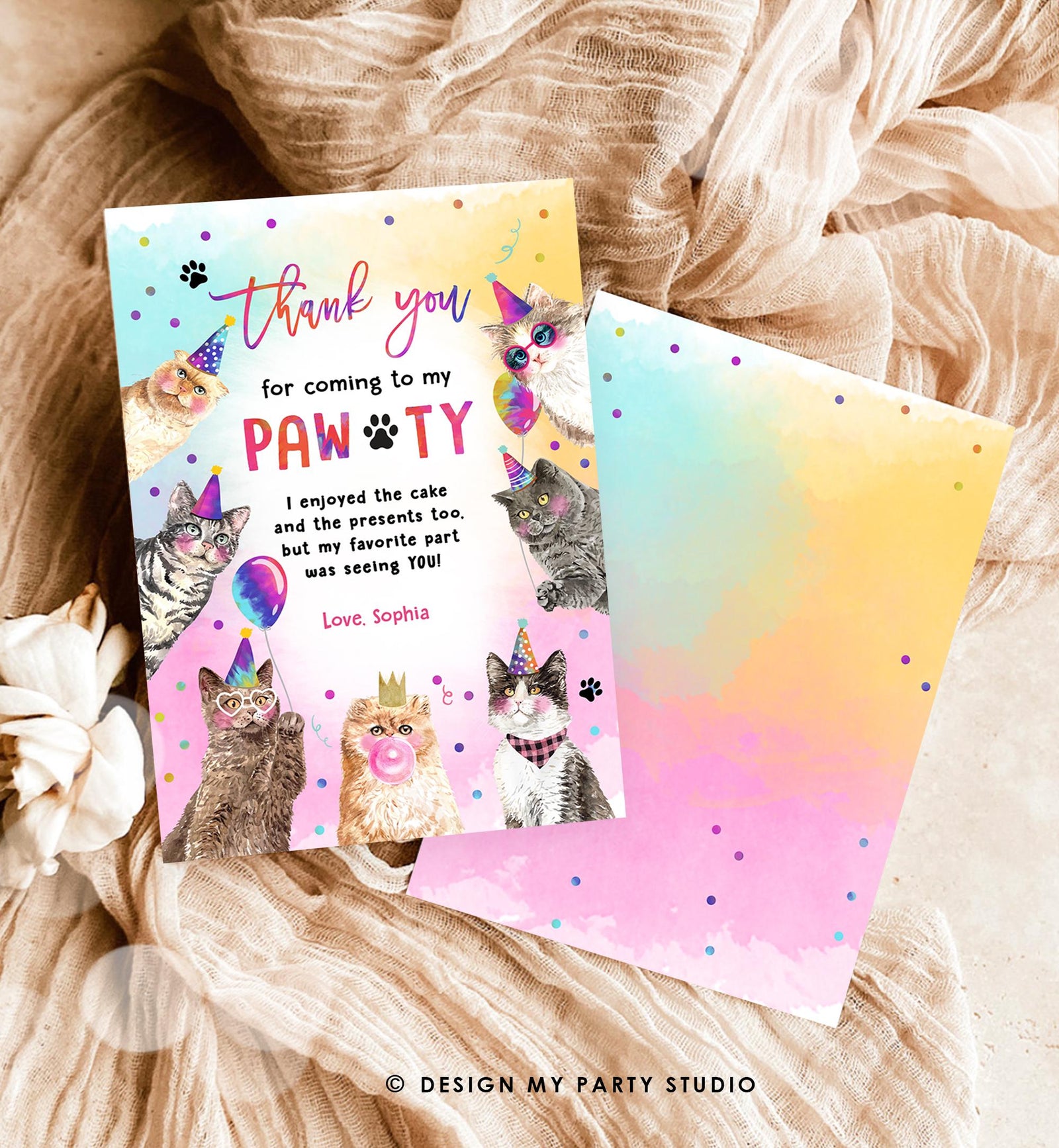 Editable Cats Birthday Thank You Card Kitten Birthday Thank You Note Pawty Party Animals Pet Digital Download Template Printable 0460