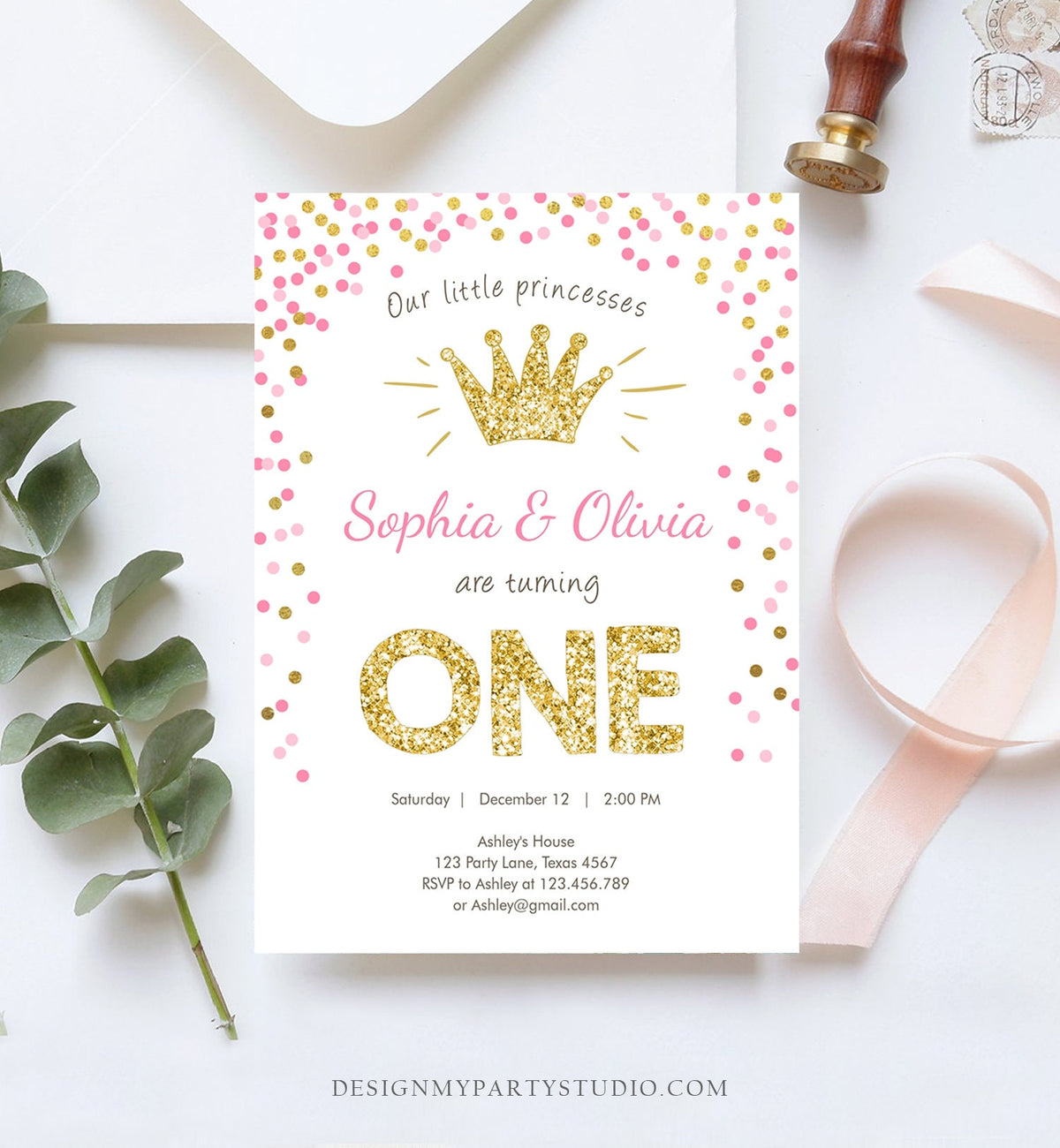 May include: A pink and gold birthday invitation with gold glitter confetti. The invitation reads &amp;#39;Our little princesses Sophia &amp; Olivia are turning ONE.&amp;#39; The invitation also includes the date, time, and location of the party, as well as RSVP information.