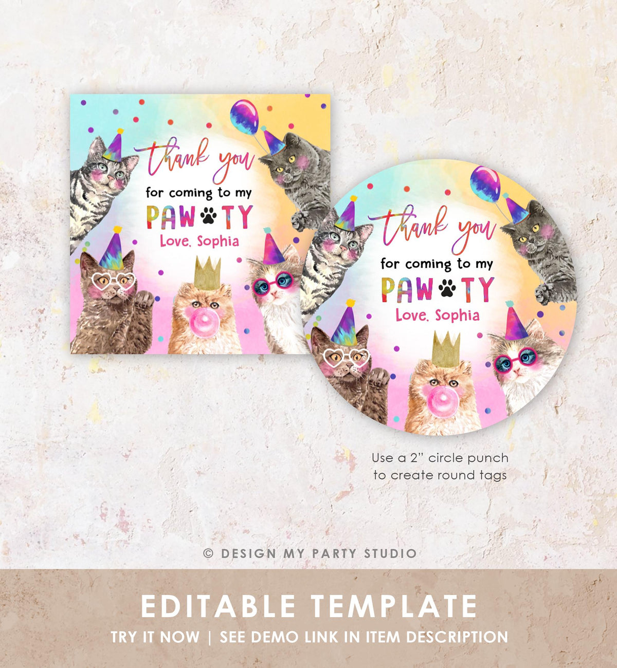 Editable Cats Birthday Favor Tag Kitten Birthday Thank You Tag Stickers Girl Pawty Kitten Pet Party Animals Digital Template Printable 0460