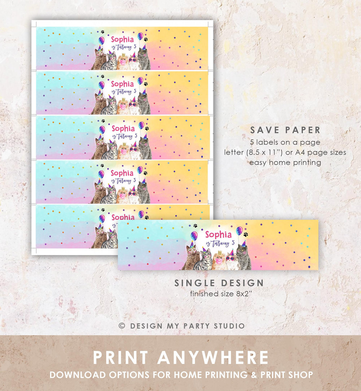 Editable Cats Water Bottle Labels Kitten Birthday Pawty Party Kitten Pet Cat Decor Bottle Wrap Digital Template Printable 0460