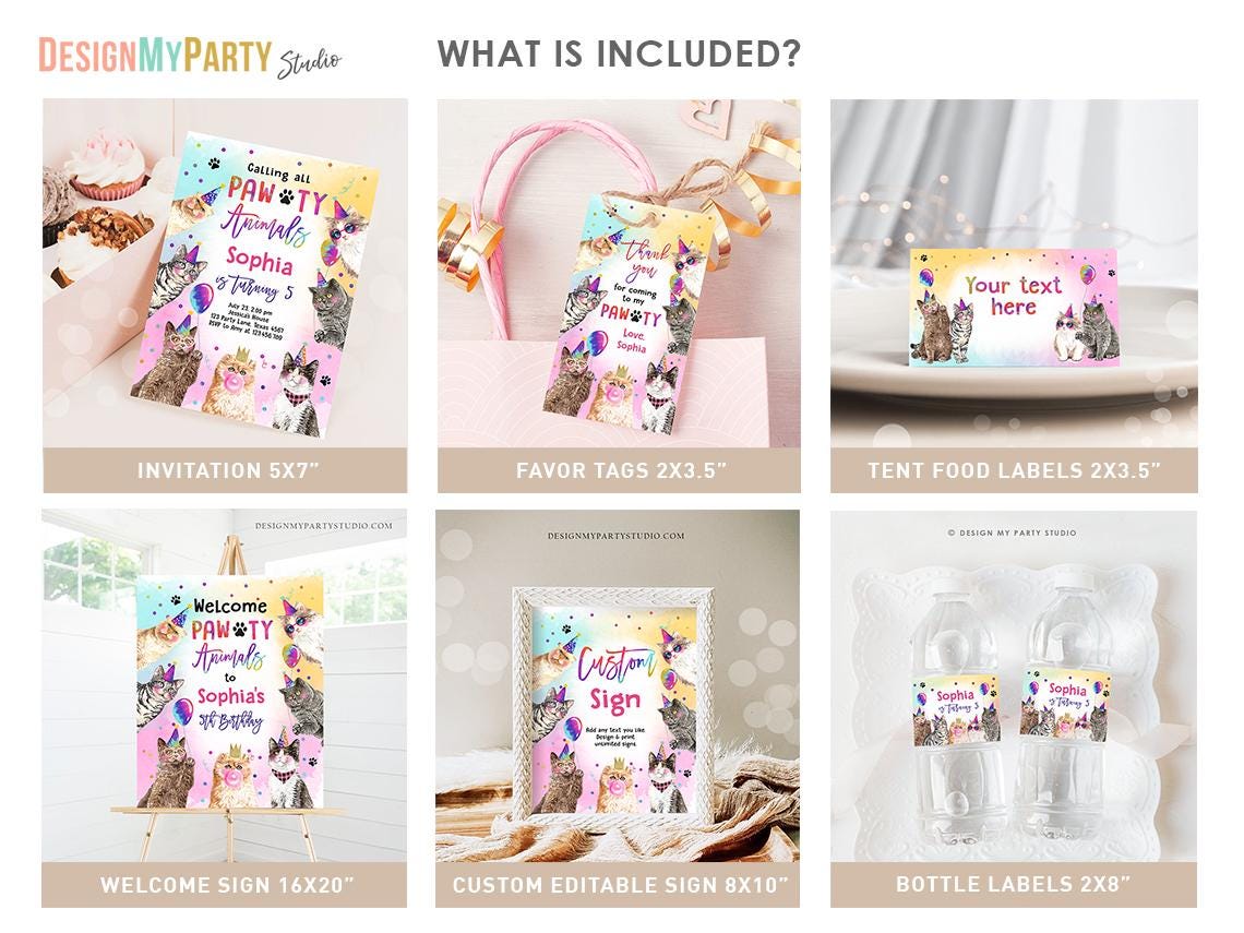 Cats Birthday Invitation Bundle Cats and Kittens Pawty Party Invite Birthday Come Sit Stay Girl 1st Birthday Digital Template Printable 0460