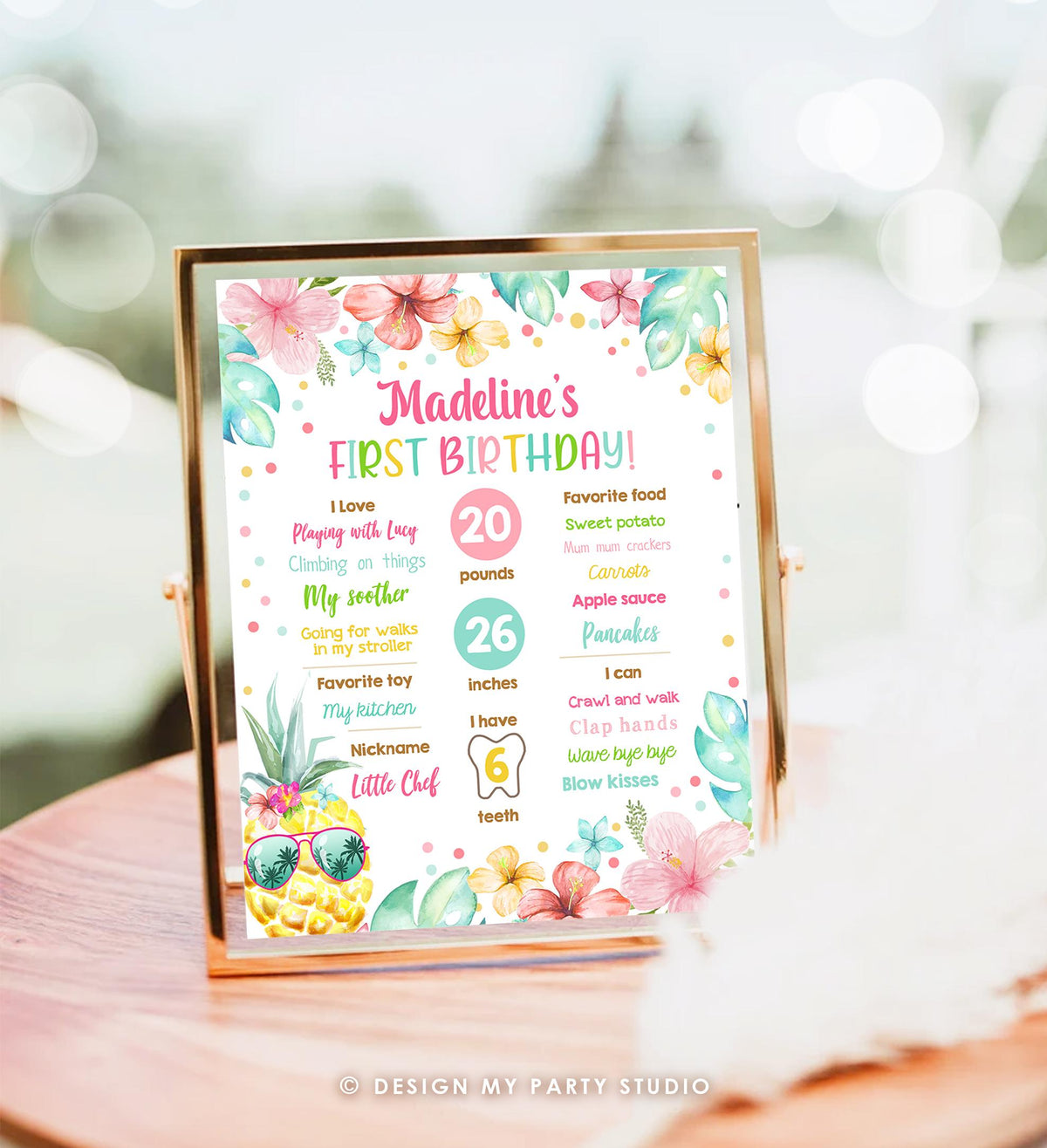 Editable Luau Pineapple Sunshine Birthday Milestone Sign Summer First Birthday 1st Birthday Girl Pink Aloha Digital Template Printable 0391