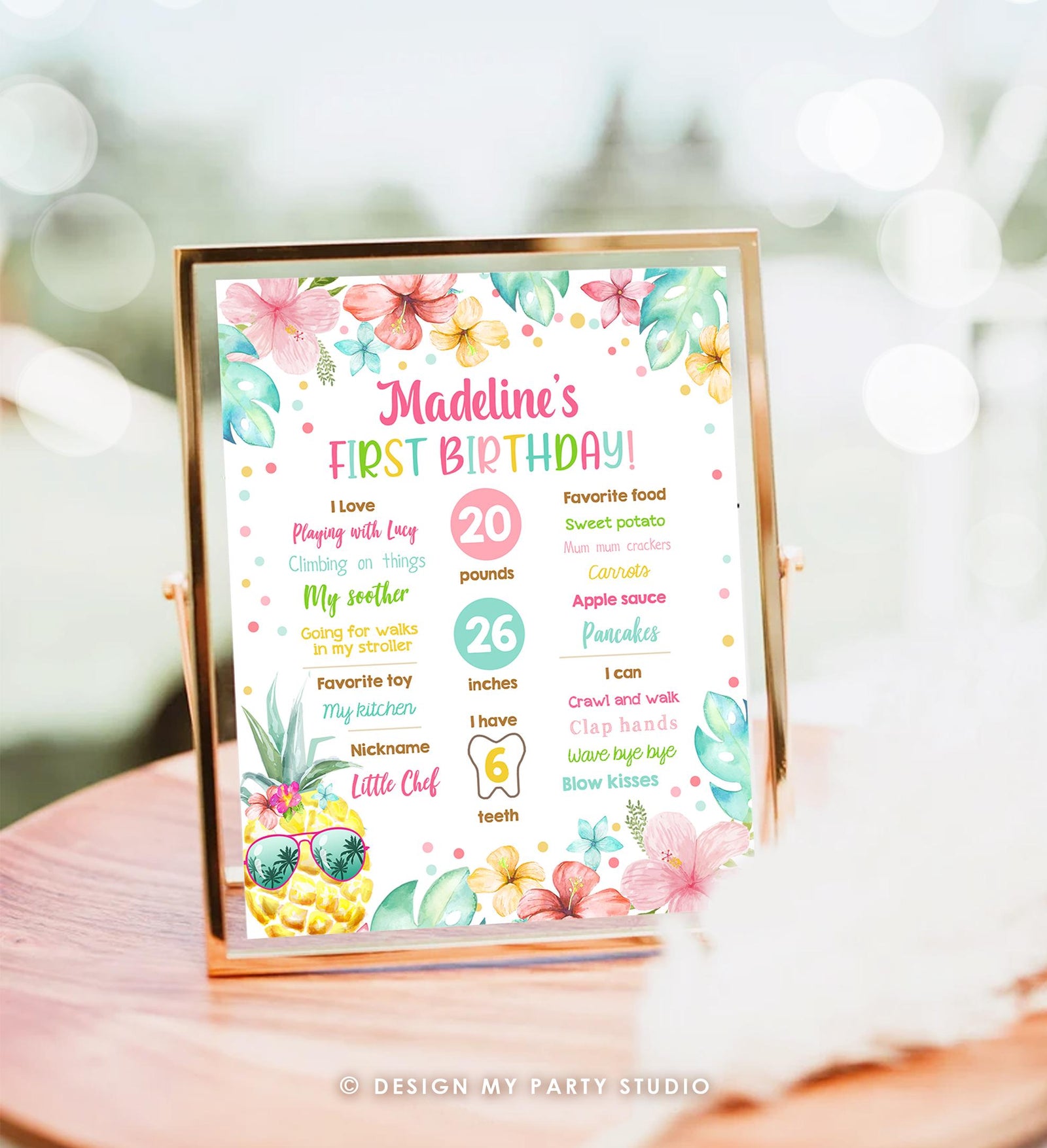 Editable Luau Pineapple Sunshine Birthday Milestone Sign Summer First Birthday 1st Birthday Girl Pink Aloha Digital Template Printable 0391