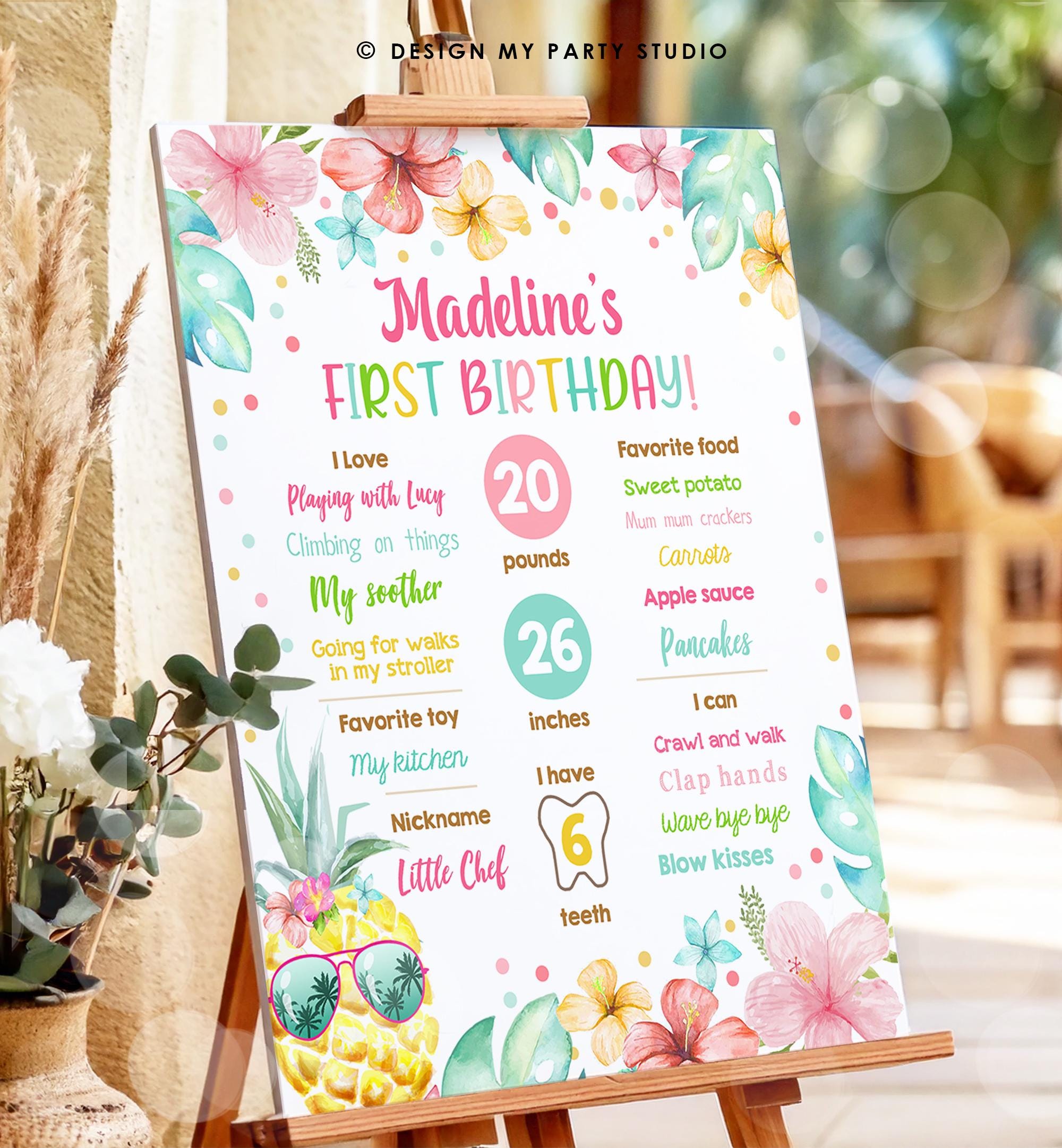 Editable Luau Pineapple Sunshine Birthday Milestone Sign Summer First Birthday 1st Birthday Girl Pink Aloha Digital Template Printable 0391