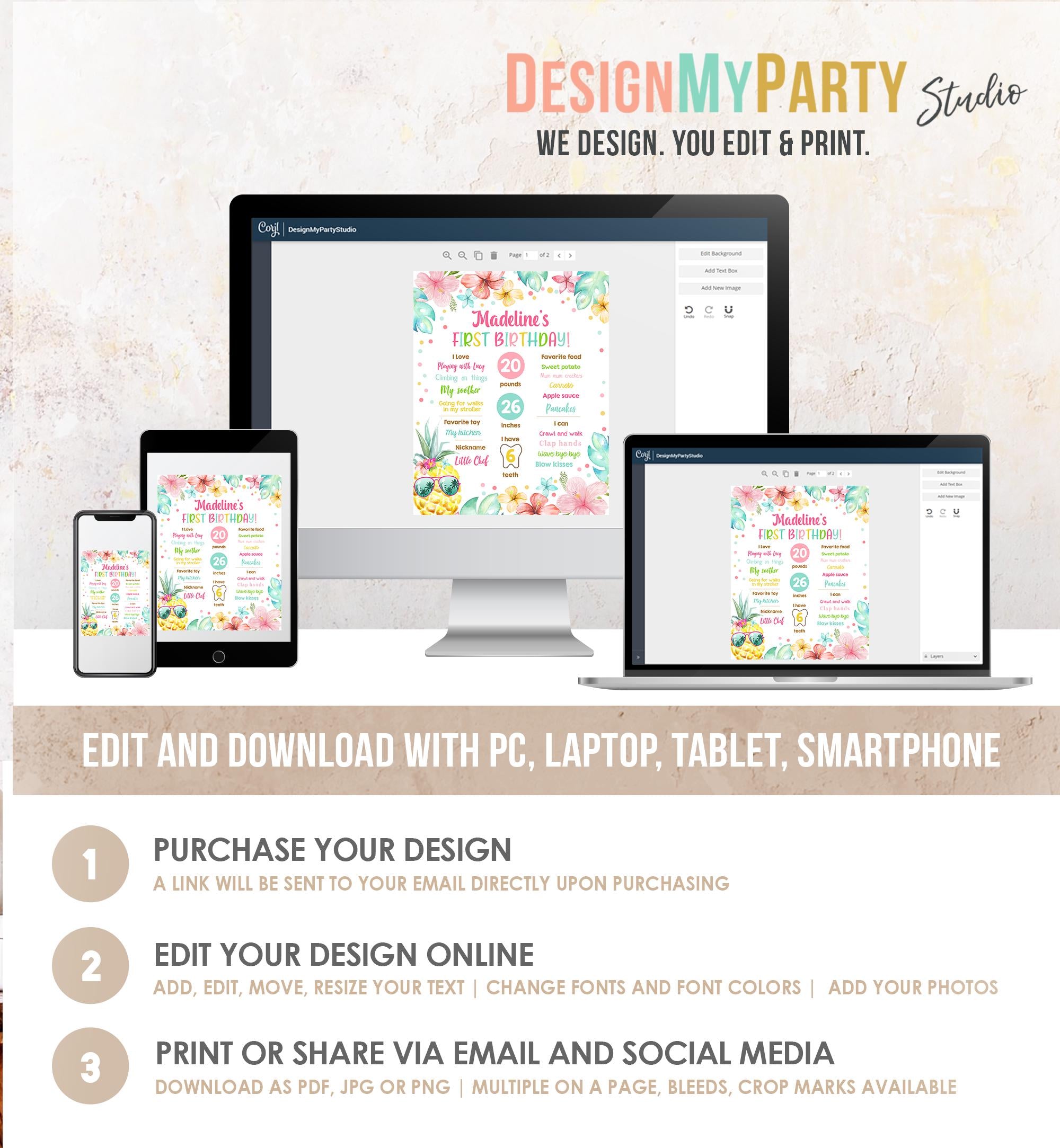 Editable Luau Pineapple Sunshine Birthday Milestone Sign Summer First Birthday 1st Birthday Girl Pink Aloha Digital Template Printable 0391