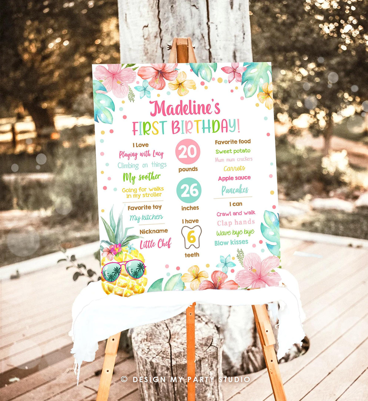 Editable Luau Pineapple Sunshine Birthday Milestone Sign Summer First Birthday 1st Birthday Girl Pink Aloha Digital Template Printable 0391