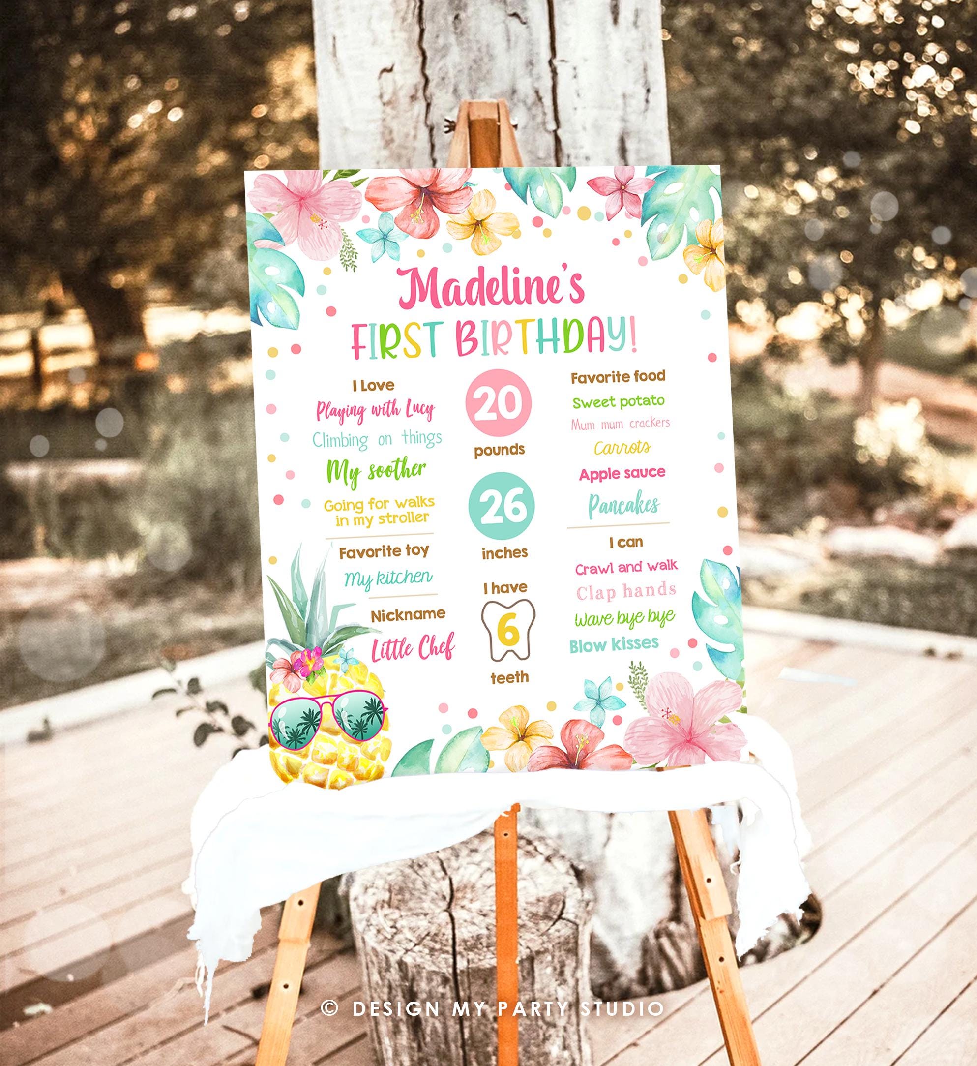 Editable Luau Pineapple Sunshine Birthday Milestone Sign Summer First Birthday 1st Birthday Girl Pink Aloha Digital Template Printable 0391