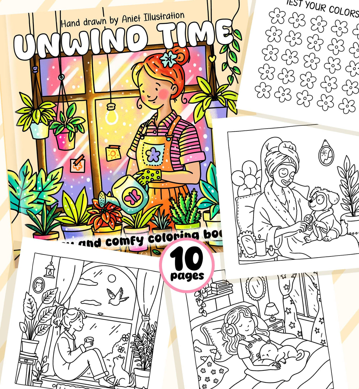 Cute and Comfy Coloring Pages for Adults Unwind Time Bold and Easy Girl Life 10 pages PDF Digital Coloring Printable Instant Download 0547