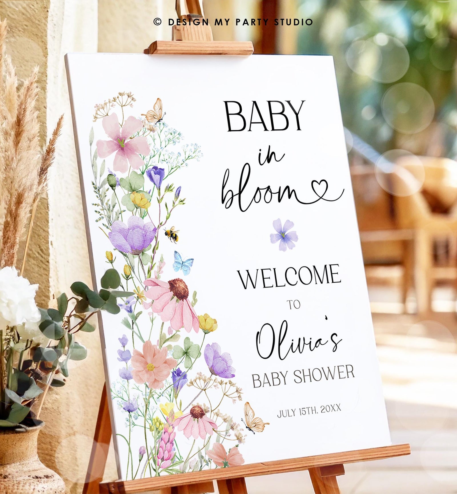 Editable Baby in Bloom Baby Shower Welcome Sign Wildflowers Floral Butterflies Wild Flower Digital Download Template Printable 0543