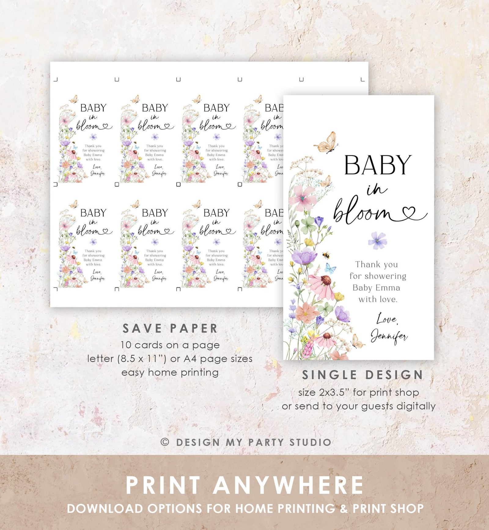 Editable Baby in Bloom Favor Tag Wildflowers Thank You Tag Baby Shower Wild Flower Gift Tag Butterflies Digital Template Printable 0543