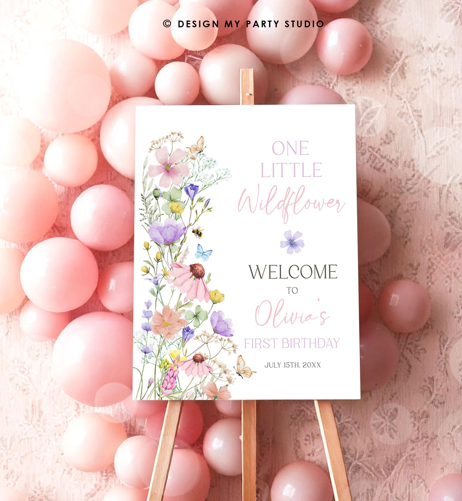 Editable One Little Wildflower Birthday Welcome Sign Wildflowers Floral Butterflies Wild Flower Digital Download Template Printable 0543