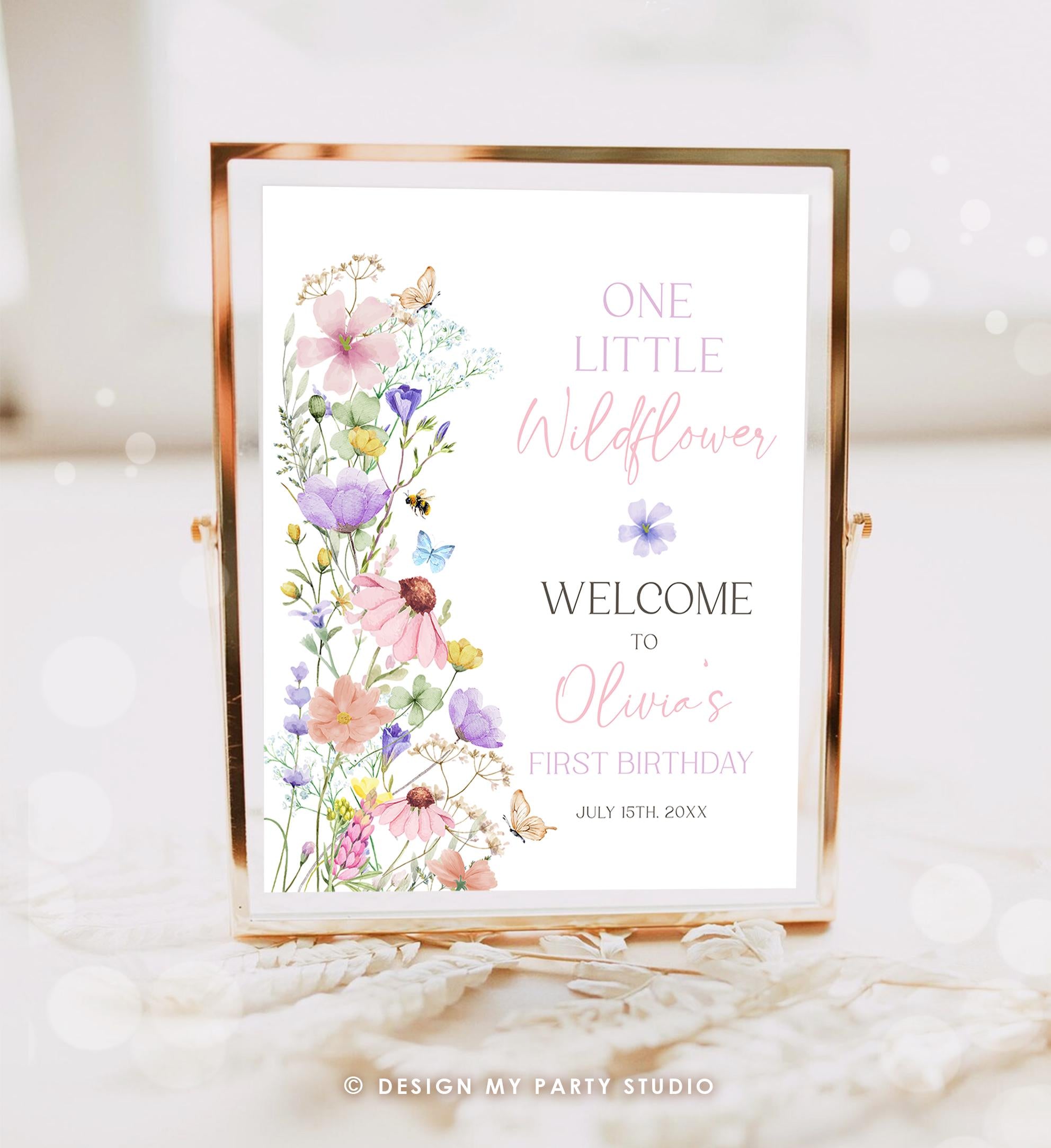 Editable One Little Wildflower Birthday Welcome Sign Wildflowers Floral Butterflies Wild Flower Digital Download Template Printable 0543