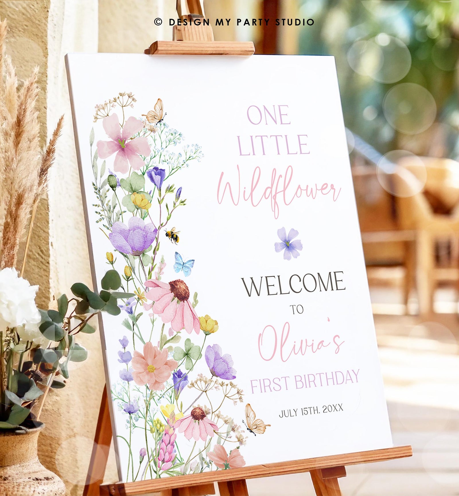 Editable One Little Wildflower Birthday Welcome Sign Wildflowers Floral Butterflies Wild Flower Digital Download Template Printable 0543