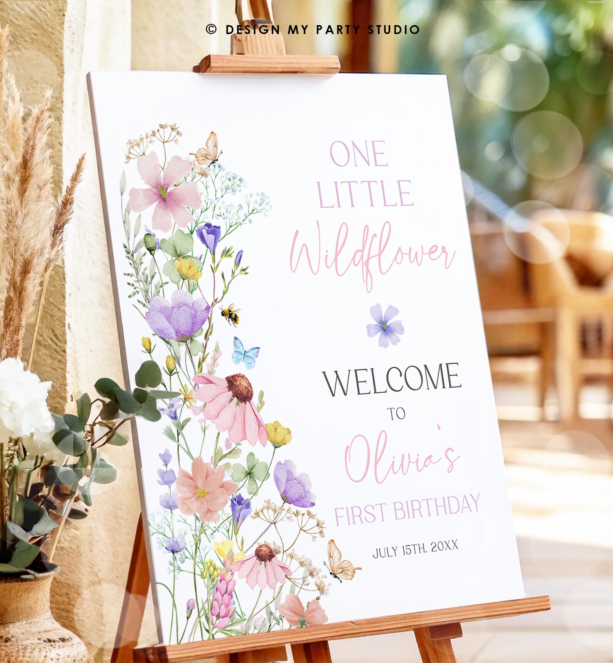 Editable One Little Wildflower Birthday Welcome Sign Wildflowers Floral Butterflies Wild Flower Digital Download Template Printable 0543