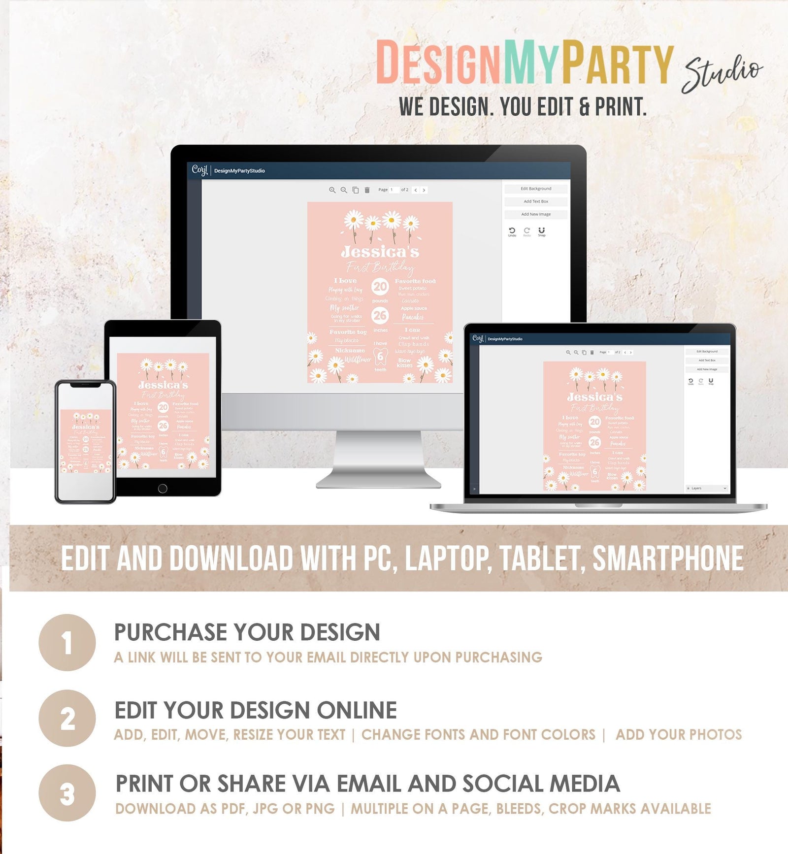 Editable Daisy Milestone Poster Daisy Birthday Milestones Sign Girl Floral Boho Daisies 1st Birthday Stats Template Printable Corjl 0410