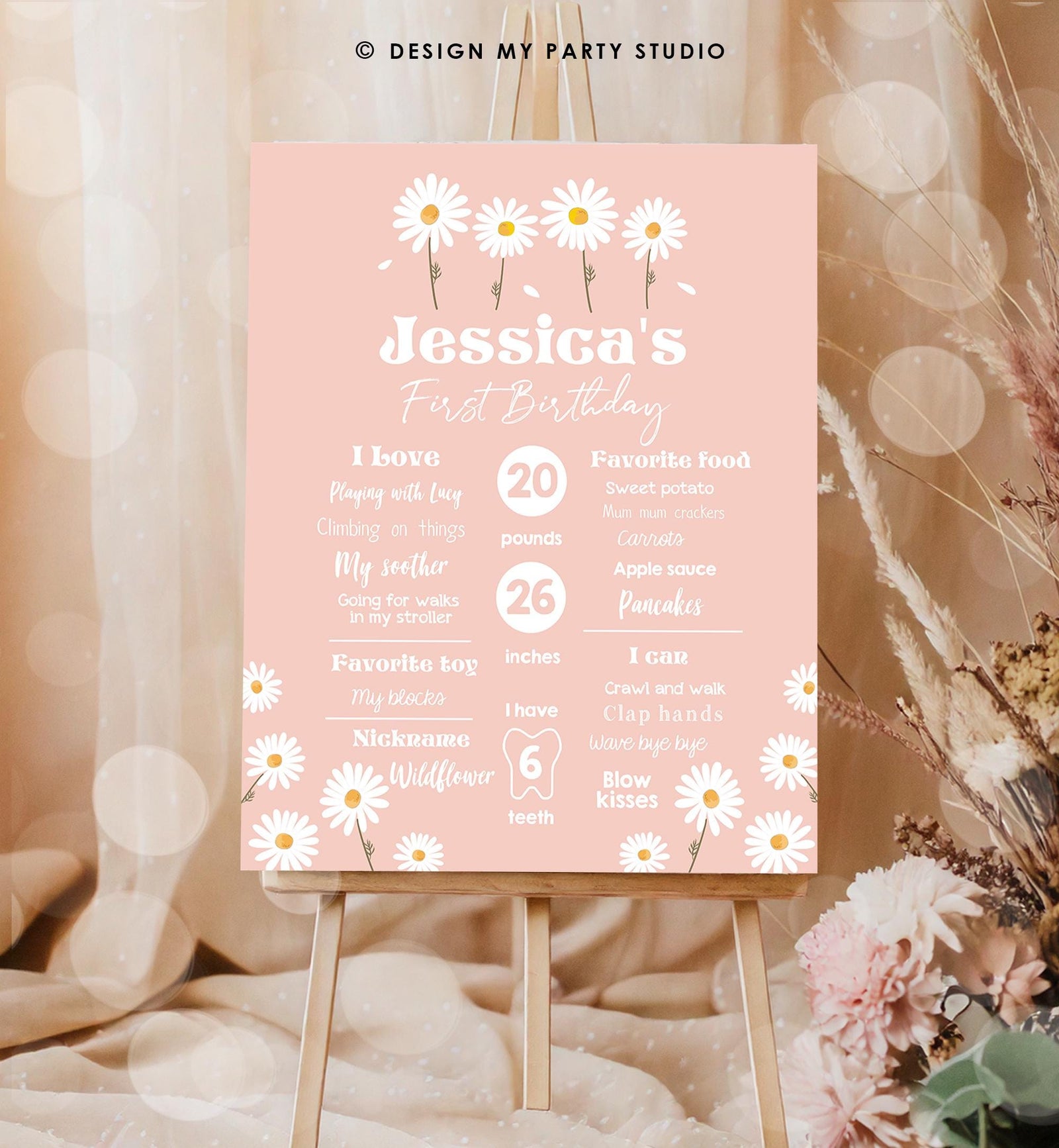 Editable Daisy Milestone Poster Daisy Birthday Milestones Sign Girl Floral Boho Daisies 1st Birthday Stats Template Printable Corjl 0410