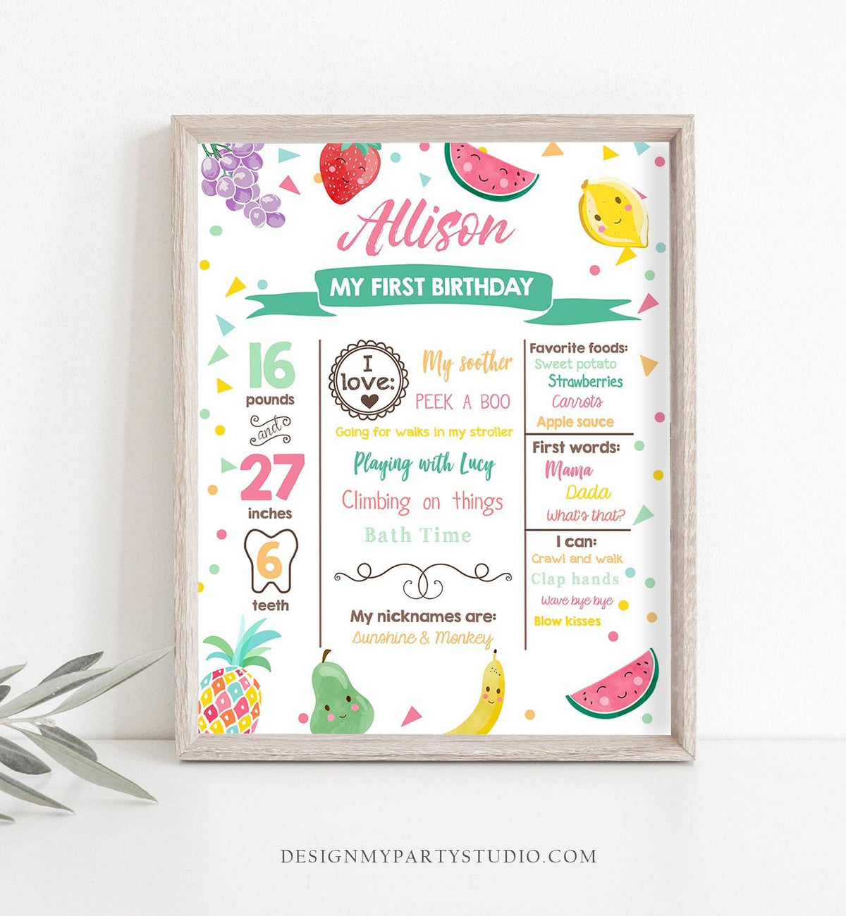 Editable Fruit Birthday Milestones Sign Girl Pink Twotti Frutti Tropical Summer Fruit Frutti Digital Download Printable Template Corjl 0139