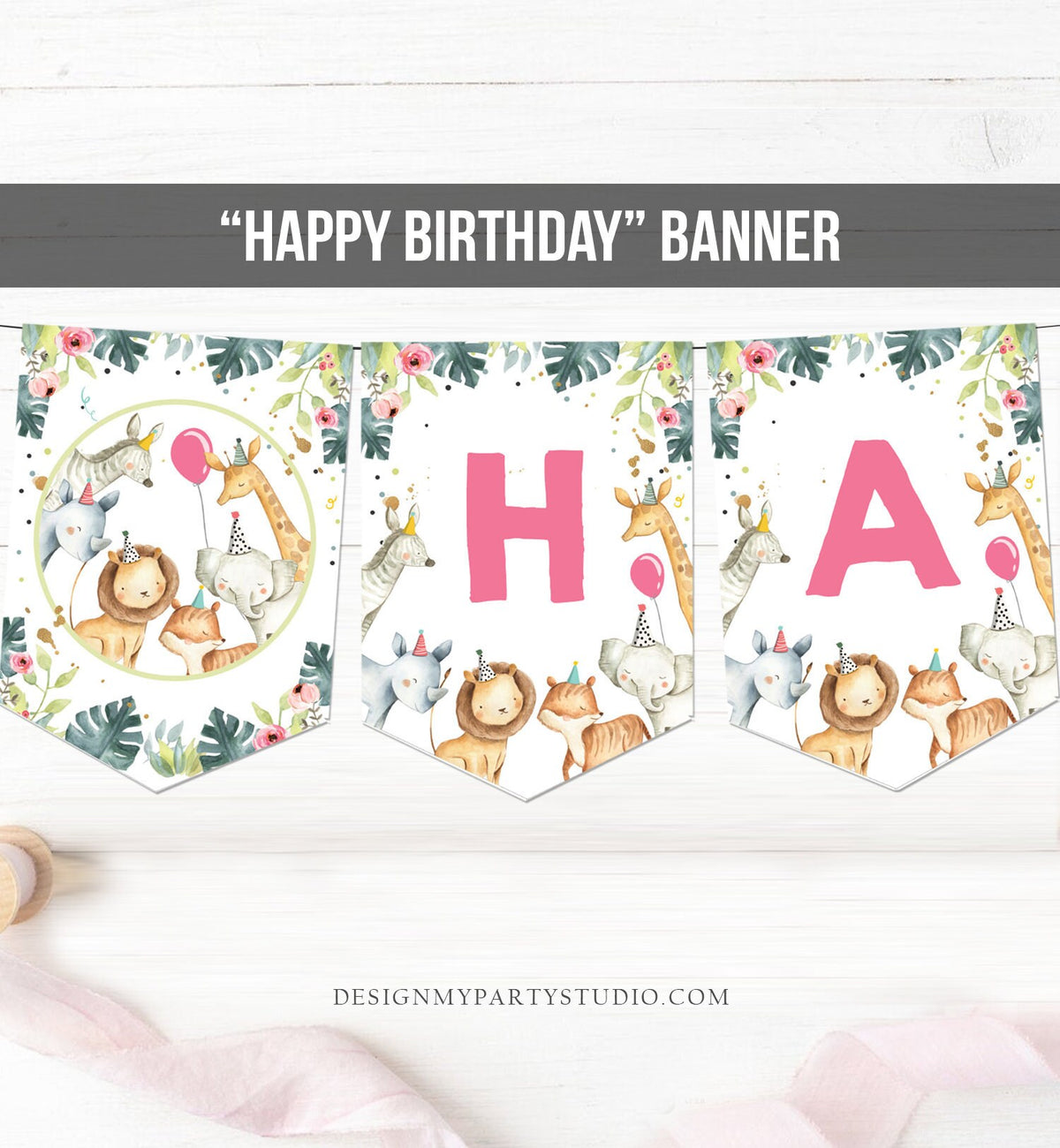 May include: A pink and green birthday banner with the words &amp;#39;HAPPY BIRTHDAY&amp;#39; in white text. The banner has a jungle theme with animals like giraffes, lions, elephants, and zebras. The banner is made up of three sections with the letters &amp;#39;H&amp;#39;, &amp;#39;A&amp;#39;, and the rest of the words &amp;#39;HAPPY BIRTHDAY&amp;#39;.