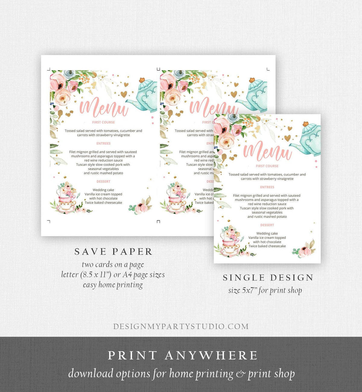 Editable Floral Tea Menu Card Tea Birthday Pink Gold Confetti Floral Tea Baby Shower Baby is Brewing Download Corjl Template Printable 0349