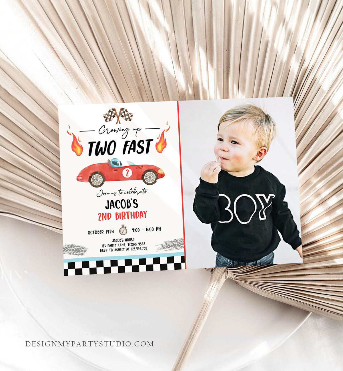 May include: A birthday invitation with a red race car and checkered flag design. The invitation says &amp;#39;Growing up Two Fast&amp;#39; and &amp;#39;Join us to celebrate Jacob&amp;#39;s 2nd Birthday.&amp;#39; The invitation also includes the date, time, and location of the party.