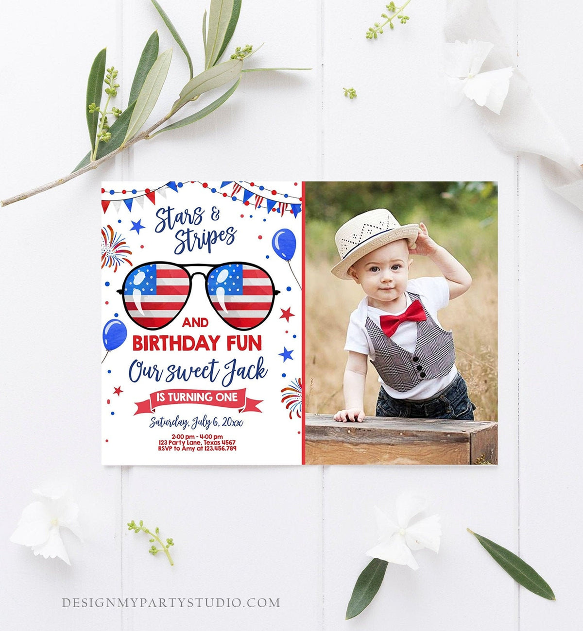 Editable Memorial Day Birthday Invitation 4th of July Little Firecracker Stars and Stripes Red White Blue Template Corjl Digital 0122