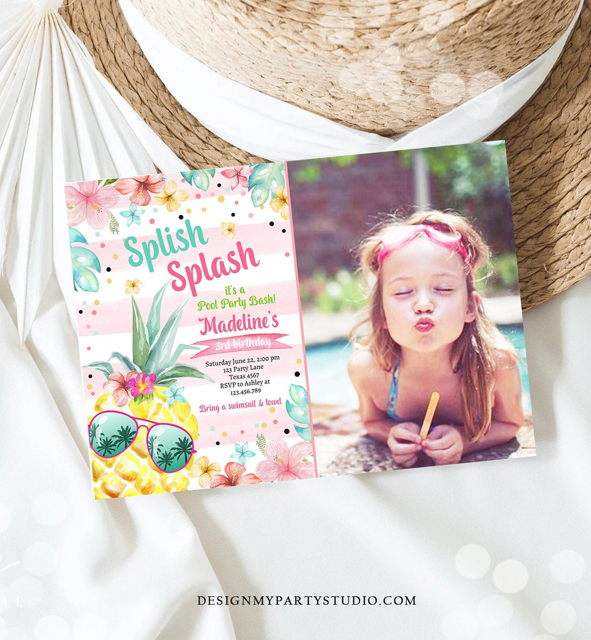 May include: A pink and green birthday invitation with a pineapple wearing sunglasses. The invitation says &amp;#39;Splish Splash it&amp;#39;s a Pool Party Bash! Madeline&amp;#39;s 3rd Birthday&amp;#39; and includes details for the party. A photo of a young girl is in the background.