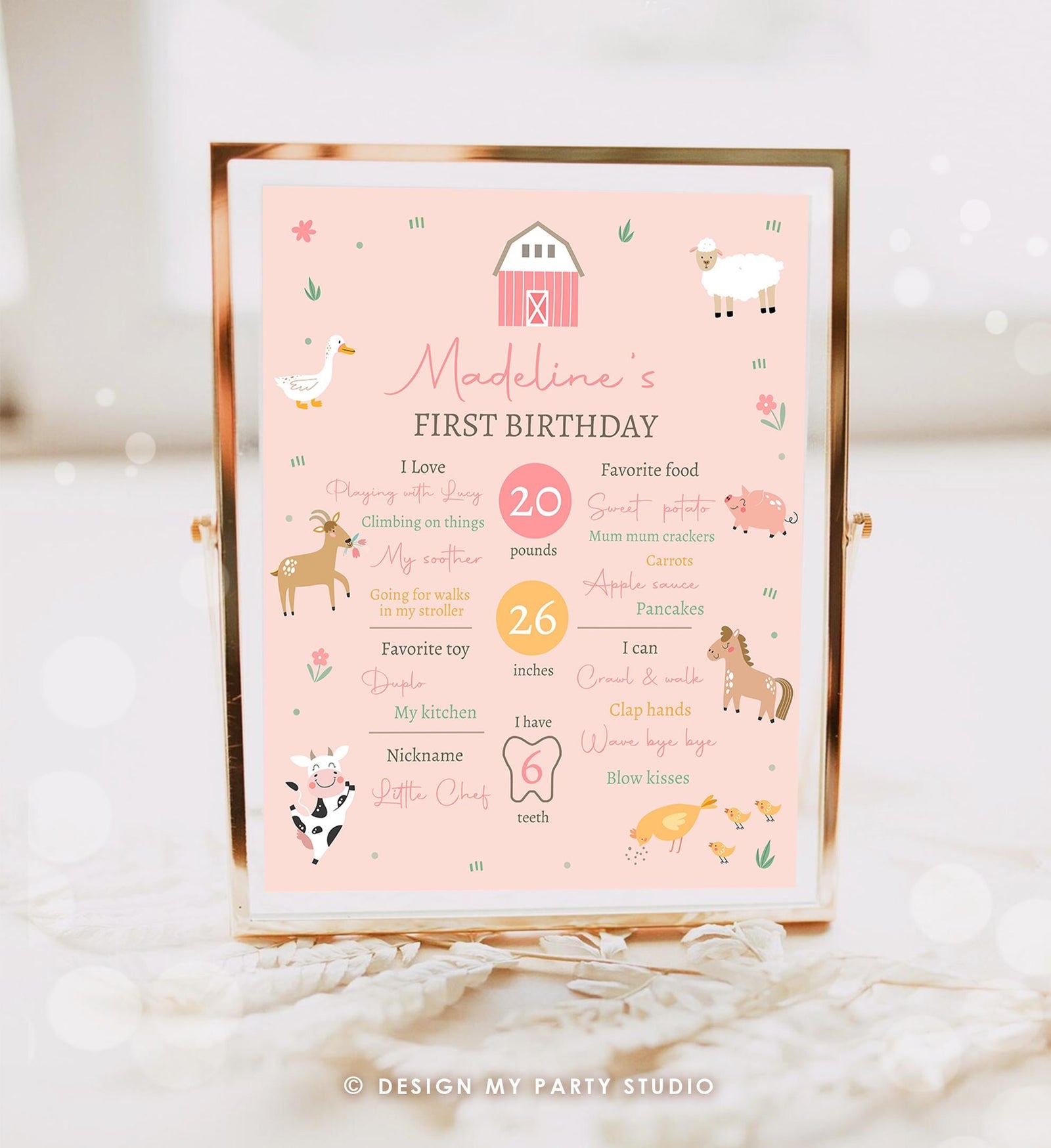 Editable Farm Animals Birthday Milestone Sign Girl Pink Farm Minimalist Barnyard Bash Barnyard Sign Floral Digital Template Printable 0436
